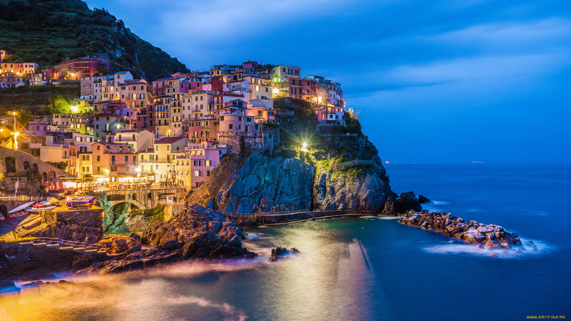 manarola, blue, hour, города, амальфийское, и, лигурийское, побережье, , италия, побережье, скалы, дома, огни