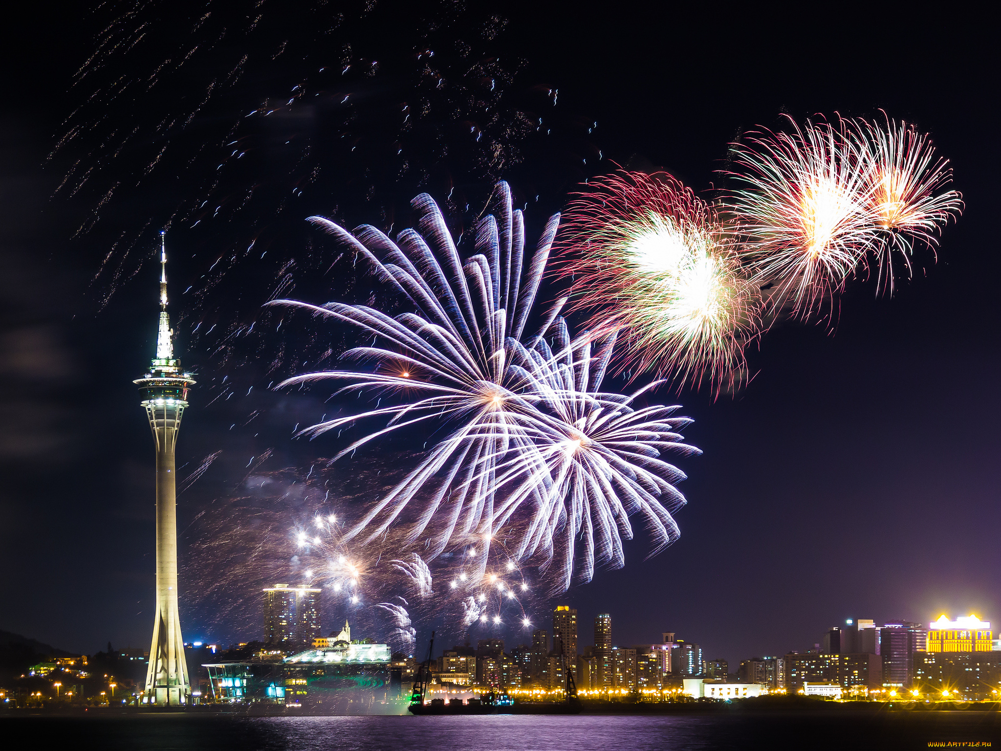 fireworks, macau, разное, салюты, , фейерверки, ночь, гавань, огни, башня, фейерверк