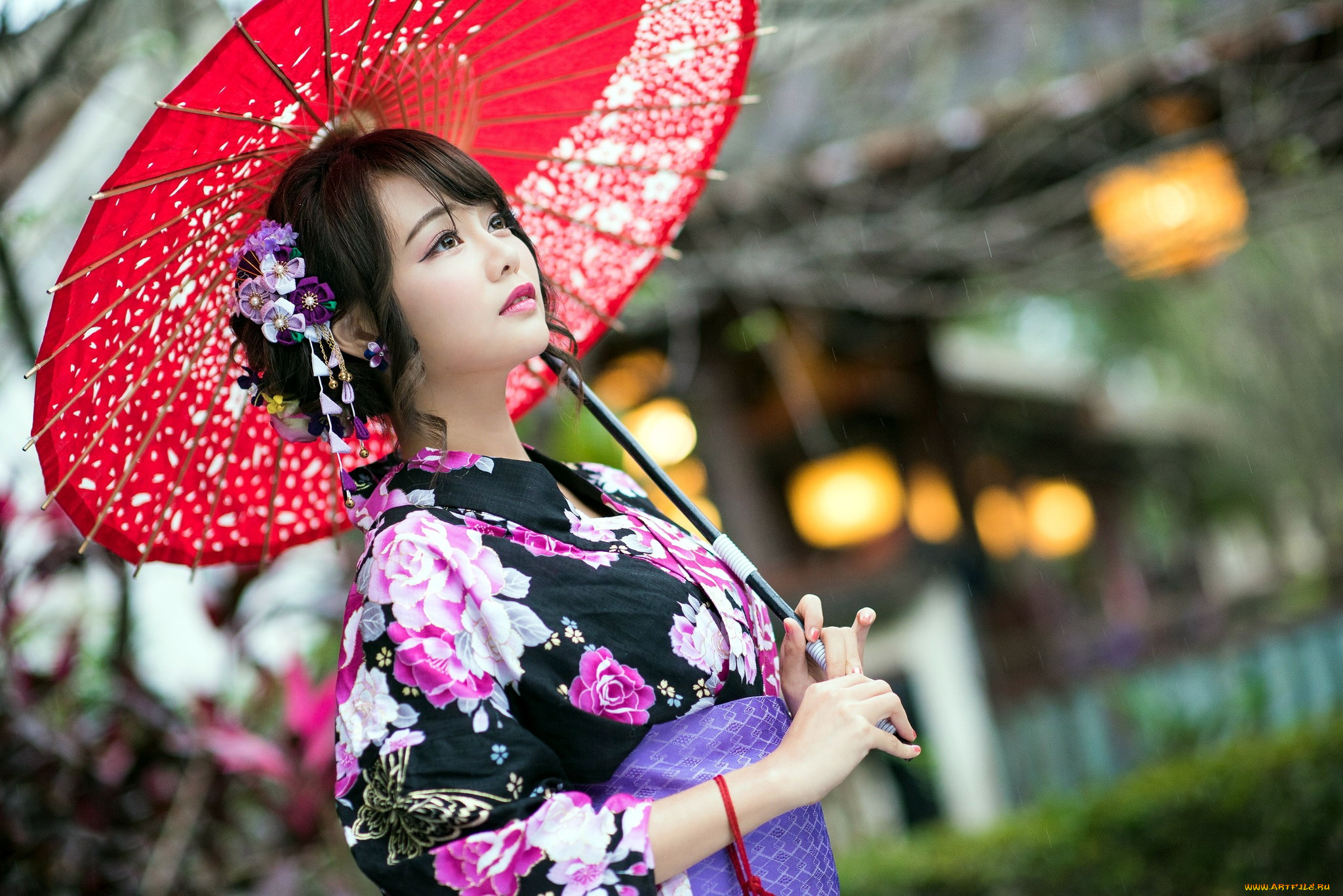 девушки, -, азиатки, японка, кимоно, зонтик