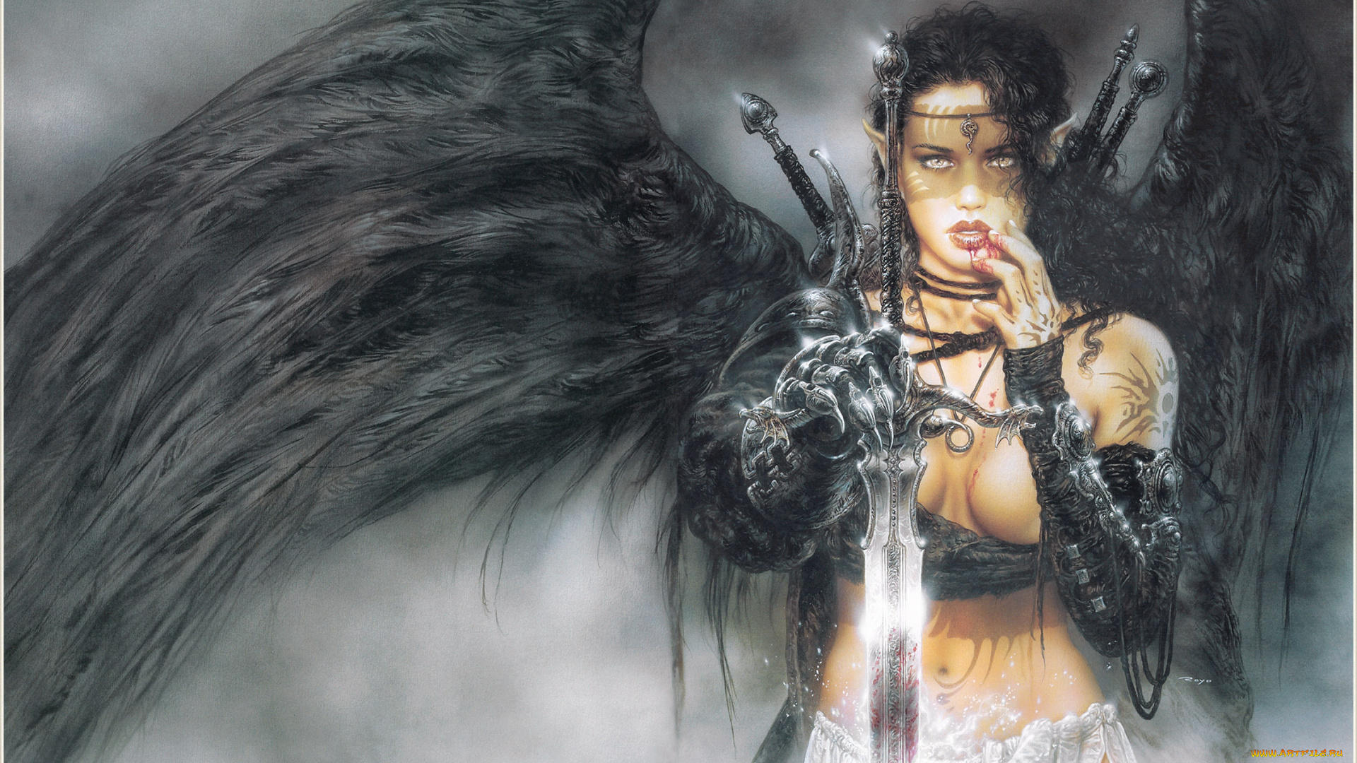 luis, royo, фэнтези, воительница, эльфийка, девушка, эльф, меч, ангел