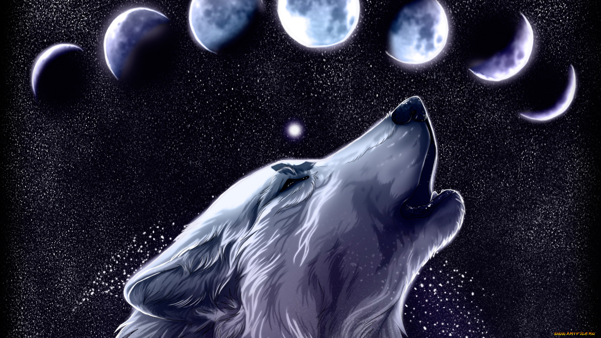 рисованные, животные, волки, луна