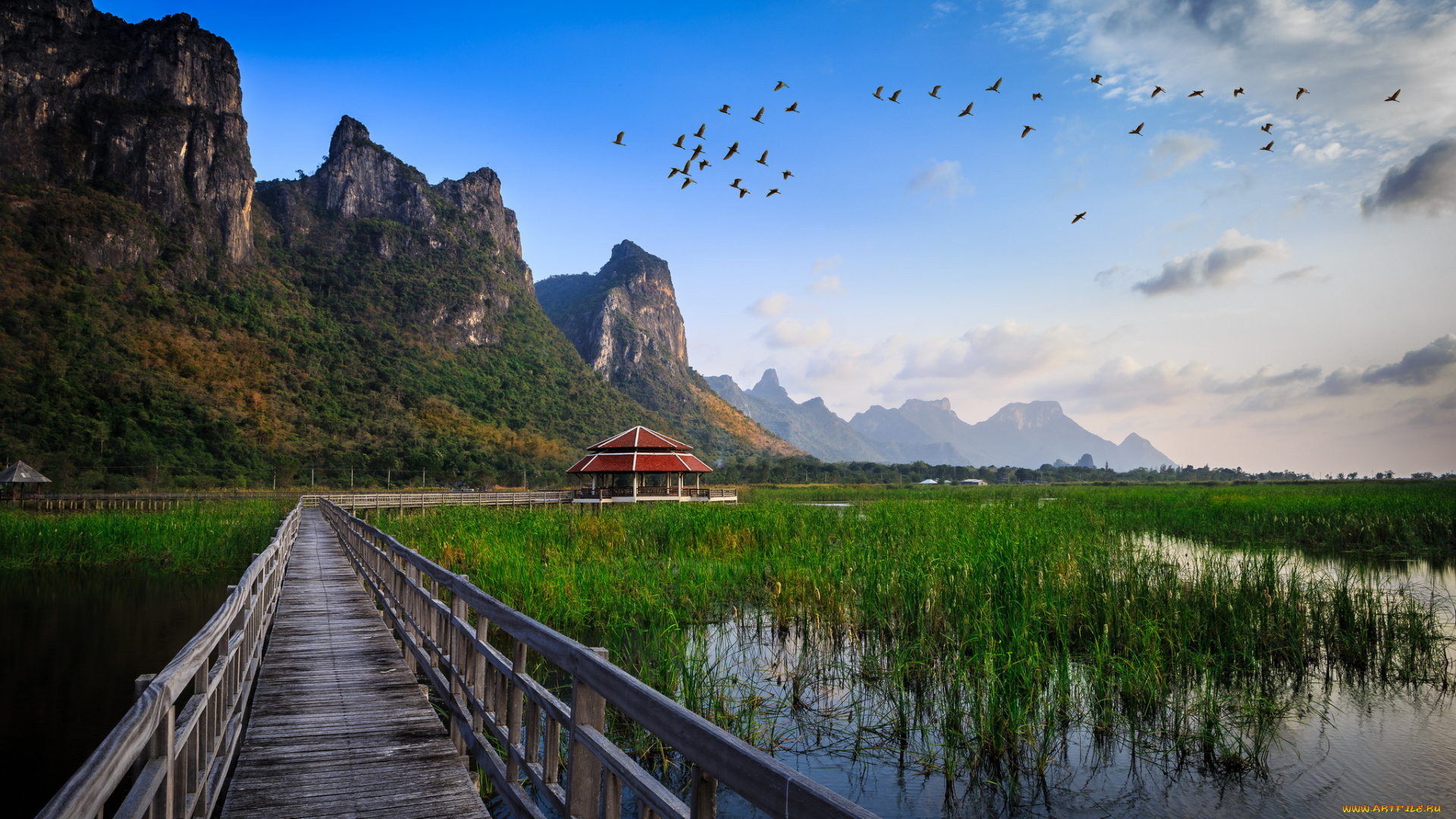 природа, пейзажи, thailand, хижина, постройка, горы, птицы, трава, озеро, вода, мост, national, park