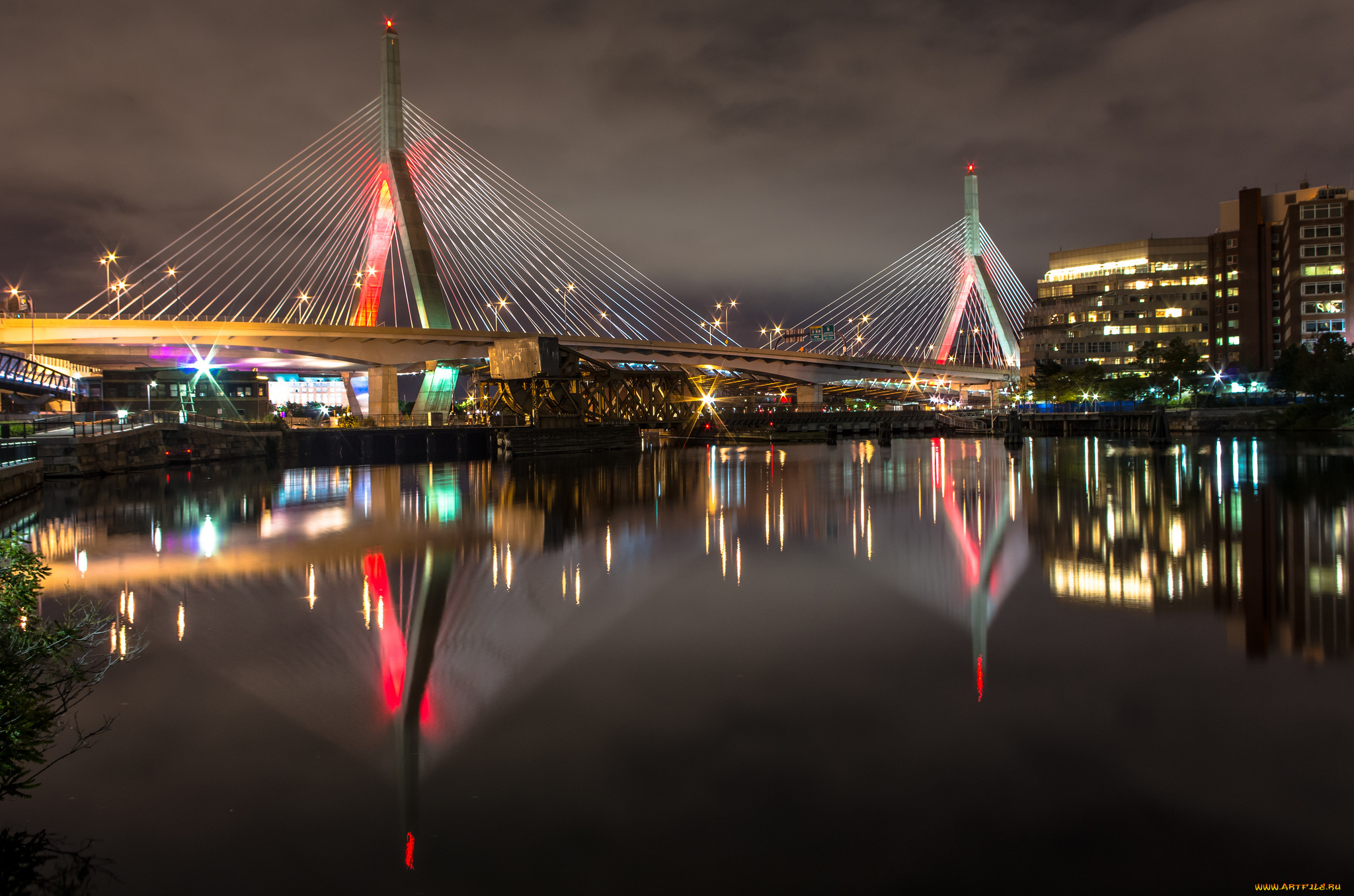 bunker, hill, memorial, bridge, boston, города, -, мосты, огни, мост, река, ночь