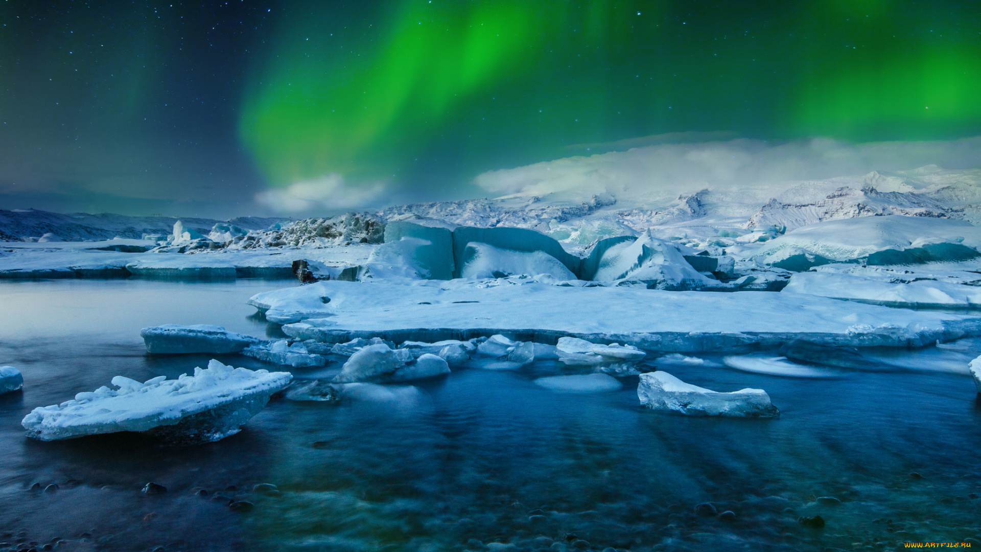 природа, северное, сияние, лед, borealis, аврора, йокюльсадлон, исландия, звезды, зима, огни, озеро, снег