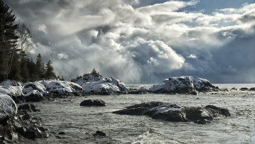 Картинка природа побережье снег прибой камни вода острова