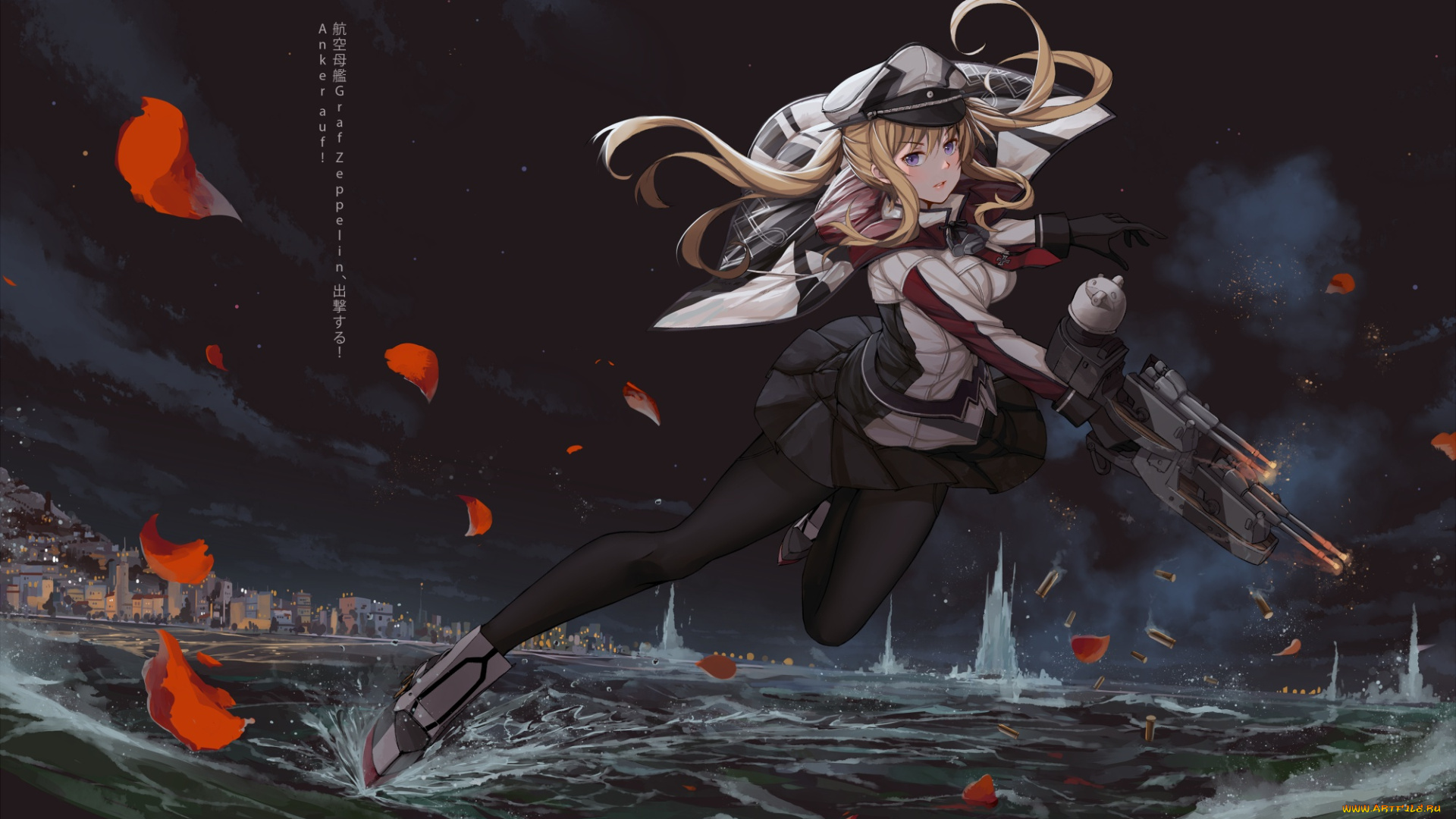 аниме, kantai, collection, kantai, collection, art, оружие, anime, лепестки, вода, девушка