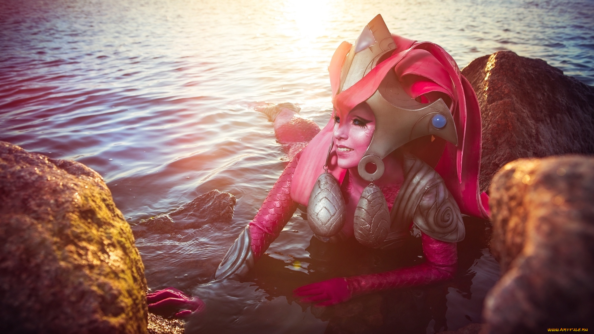 девушки, -, креатив, , косплей, koi, nami, cosplay, league, of, legends, море, камни