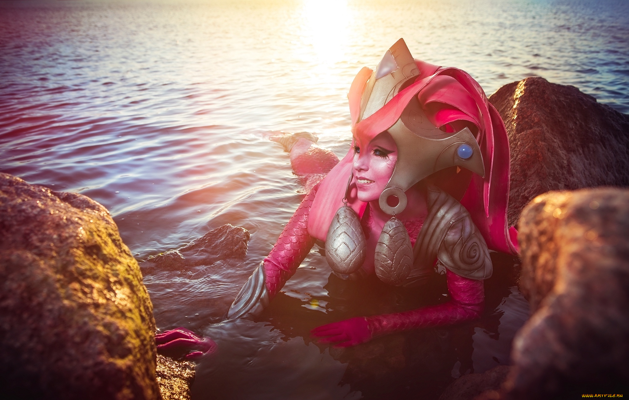 девушки, -, креатив, , косплей, koi, nami, cosplay, league, of, legends, море, камни