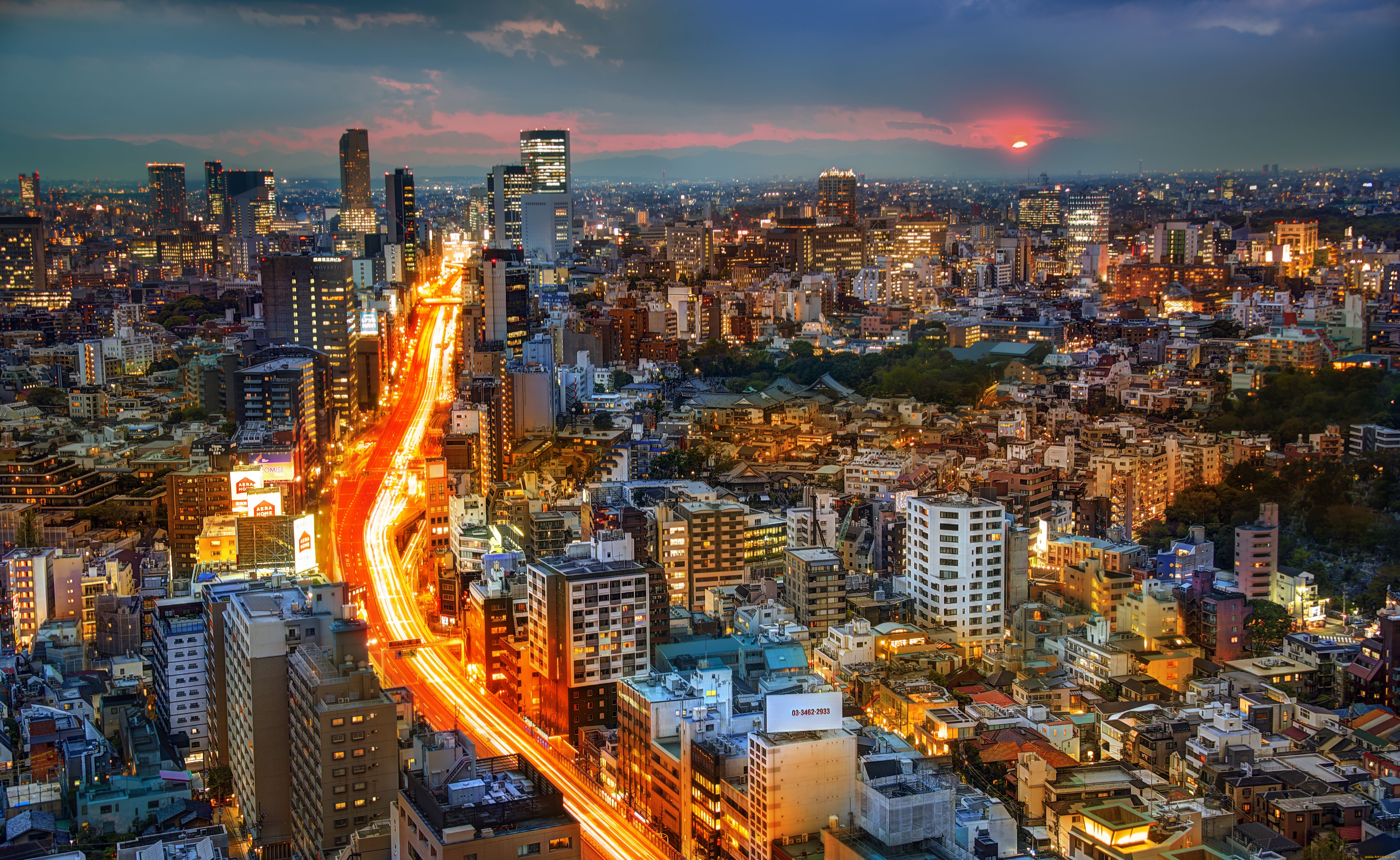 tokyo, japan, города, токио, Япония, дорога, здания, панорама, закат, ночной, город