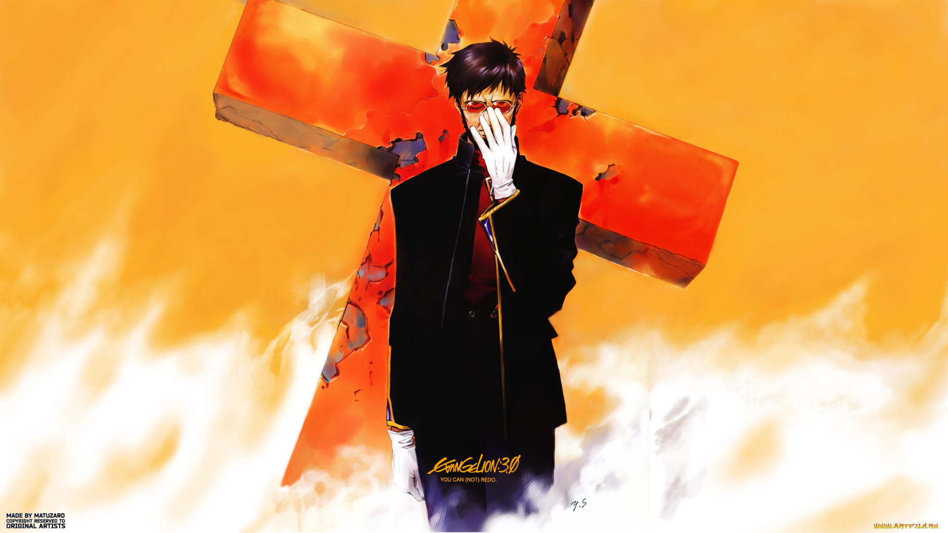 аниме, evangelion, профессор, gendo, ikari, огонь, крест, очки, перчатки