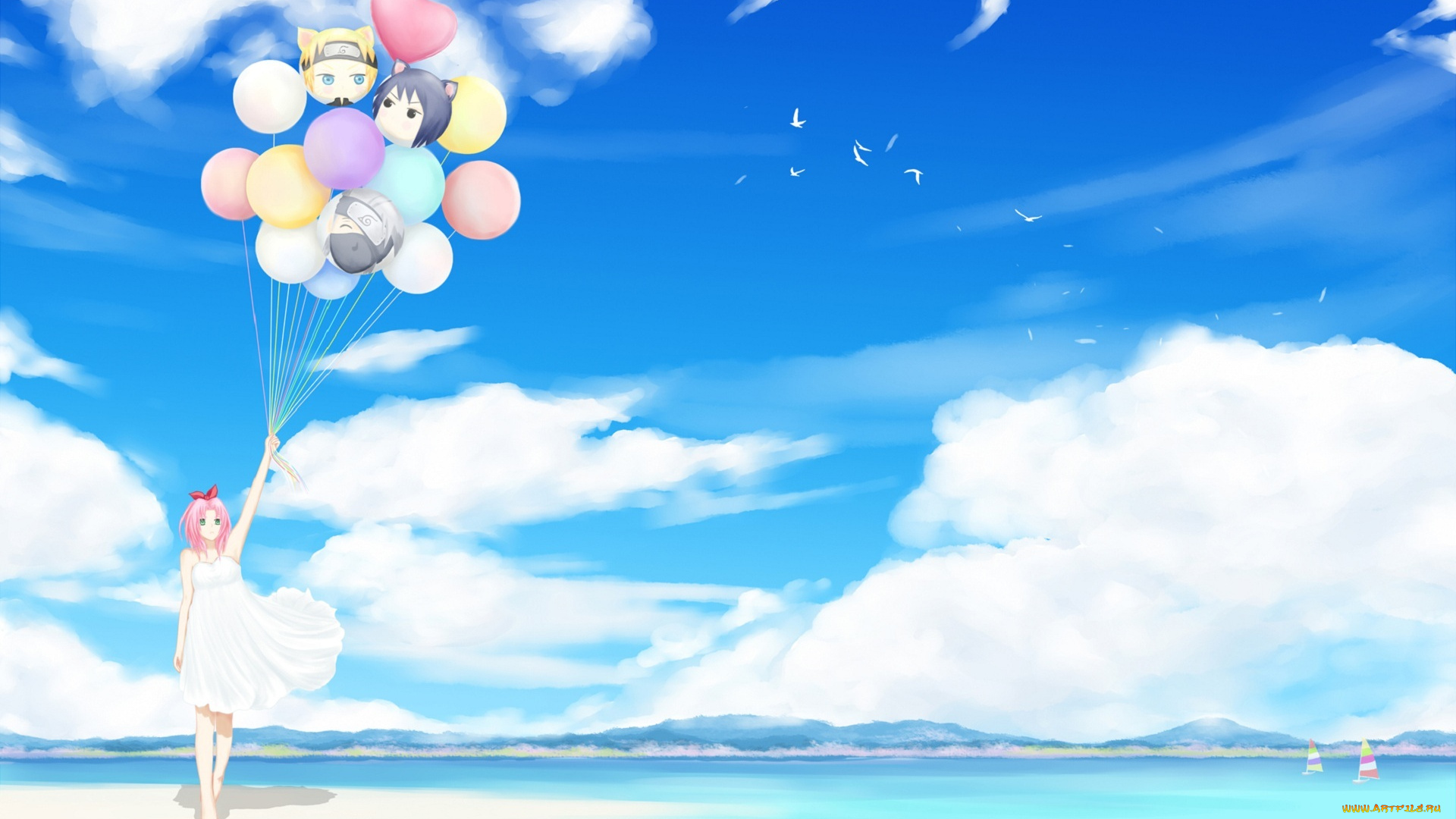 аниме, naruto, воздушные, шары, sanaa, девочка, sakura, haruno, art, море, пляж