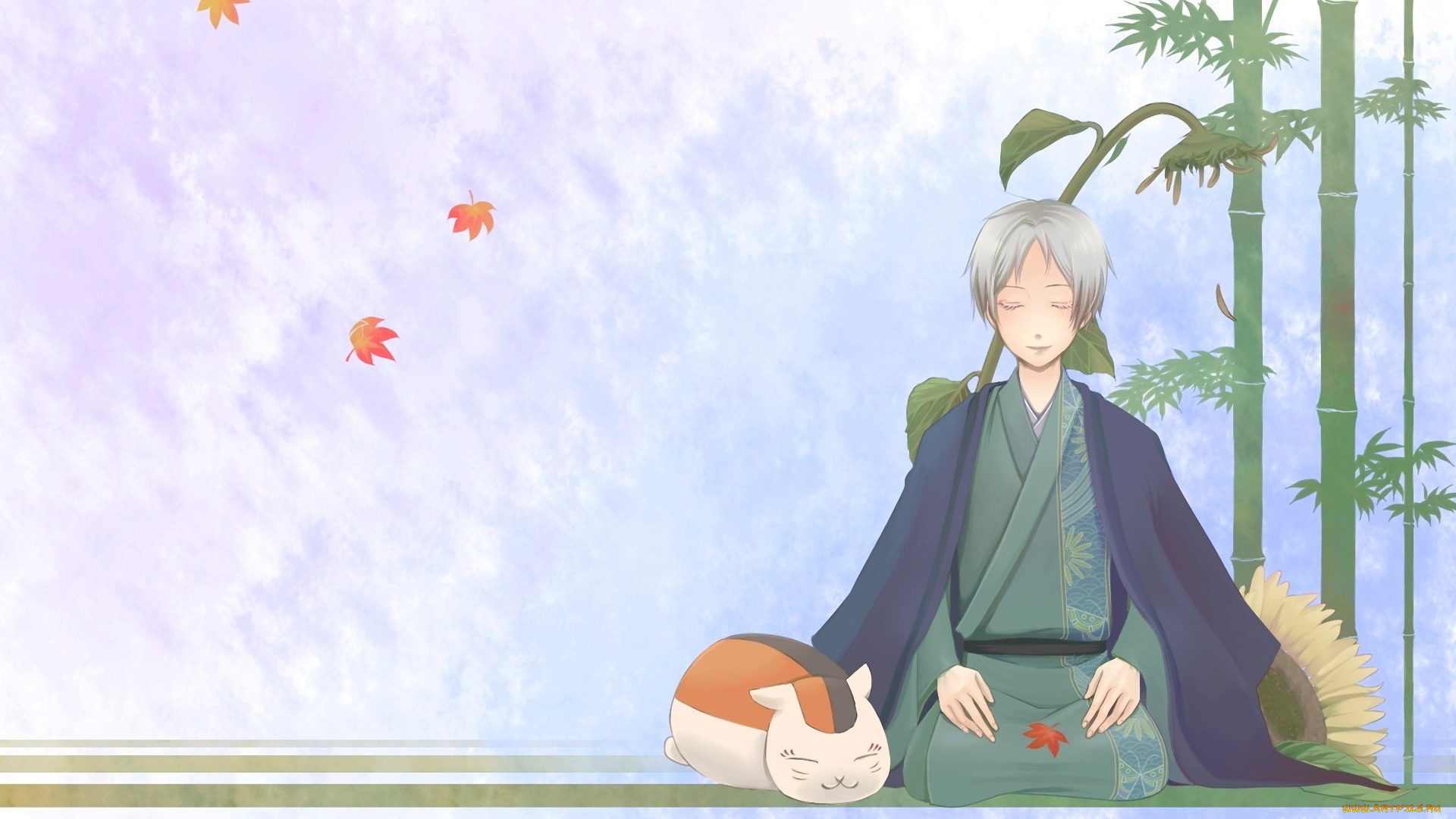 аниме, natsume, yuujinchou, подсолнух, кот, парень, madara, рисунок, бамбук, листья, natsume, yuujinchou, takashi