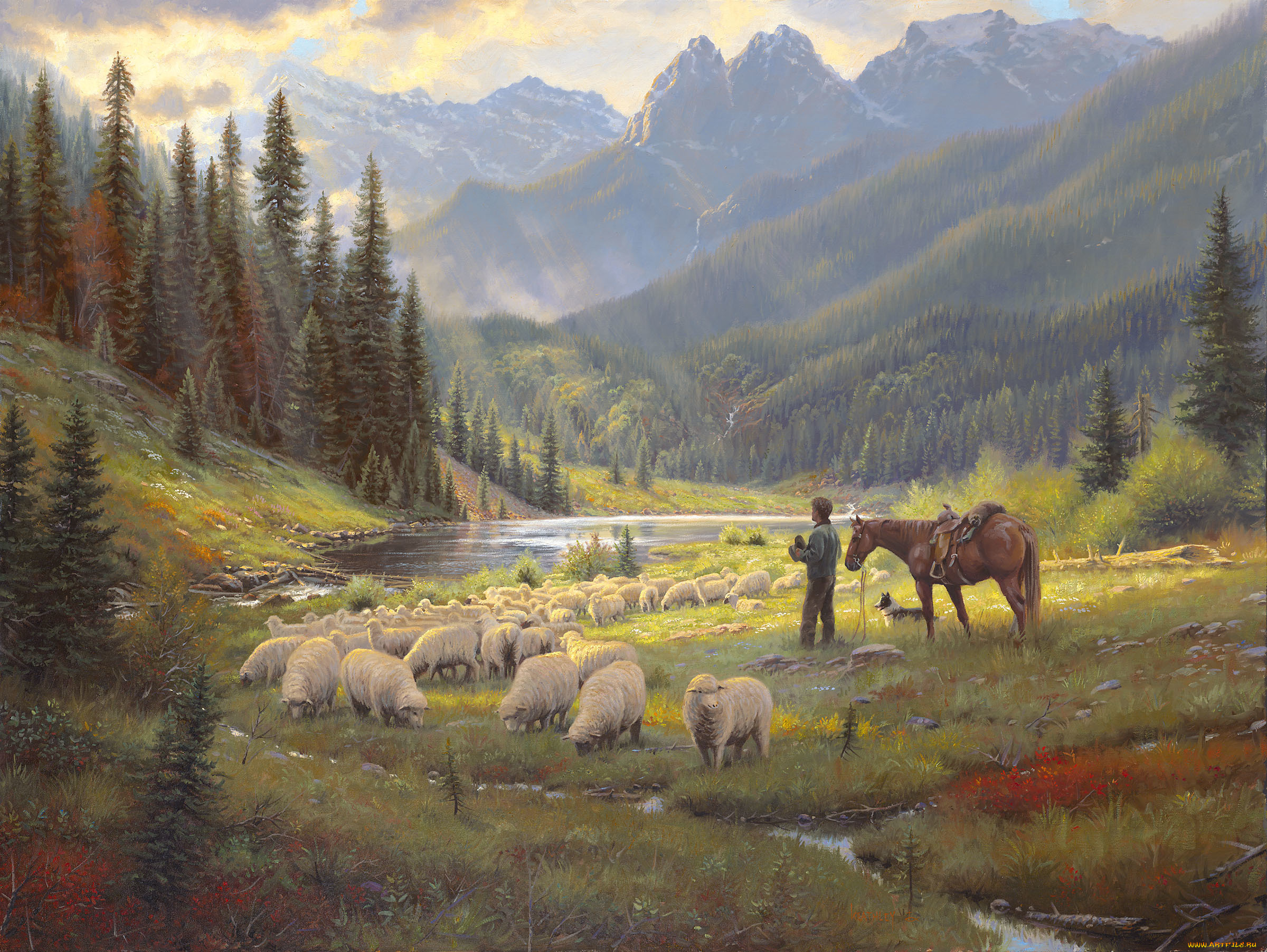 рисованные, живопись, небо, овцы, собака, конь, пастух, река, горы, лес, свет