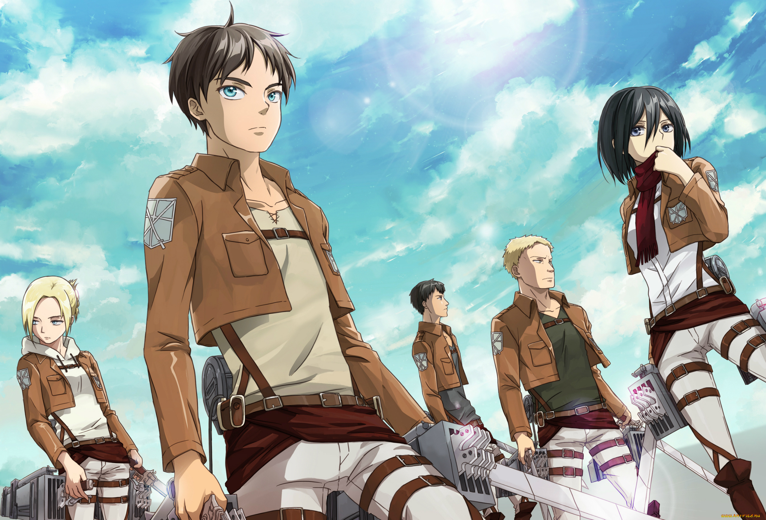 аниме, shingeki, no, kyojin, shingeki, no, kyojin, вторжение, гигантов, eren, yeager, mikasa, ackerman, annie, leonhardt, reiner, braun, marco, bodt, fan, art, клинки, небо, форма