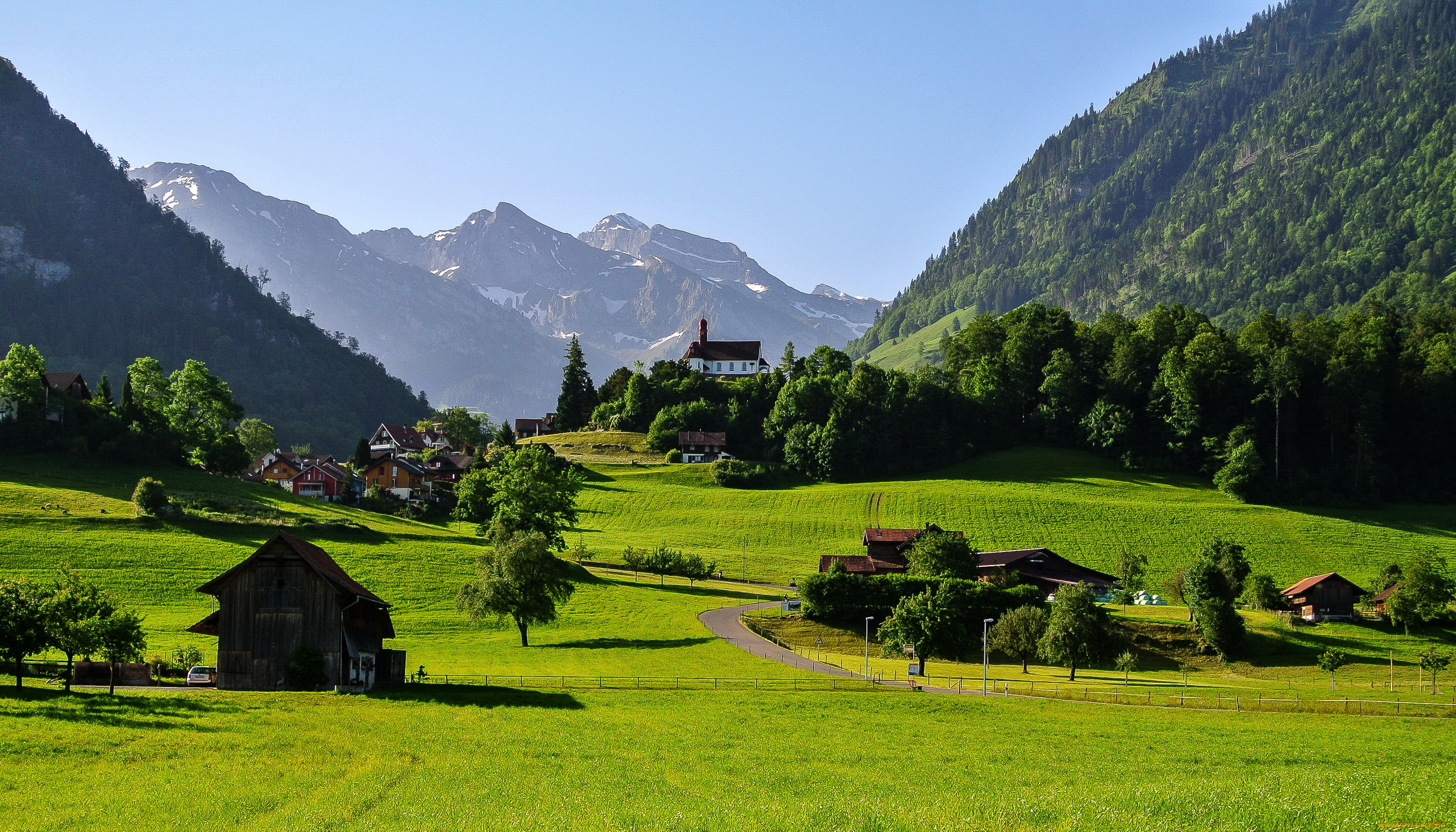 flueli, швейцария, города, -, пейзажи, flueli, швейцария, дома, горы, луга, пейзаж
