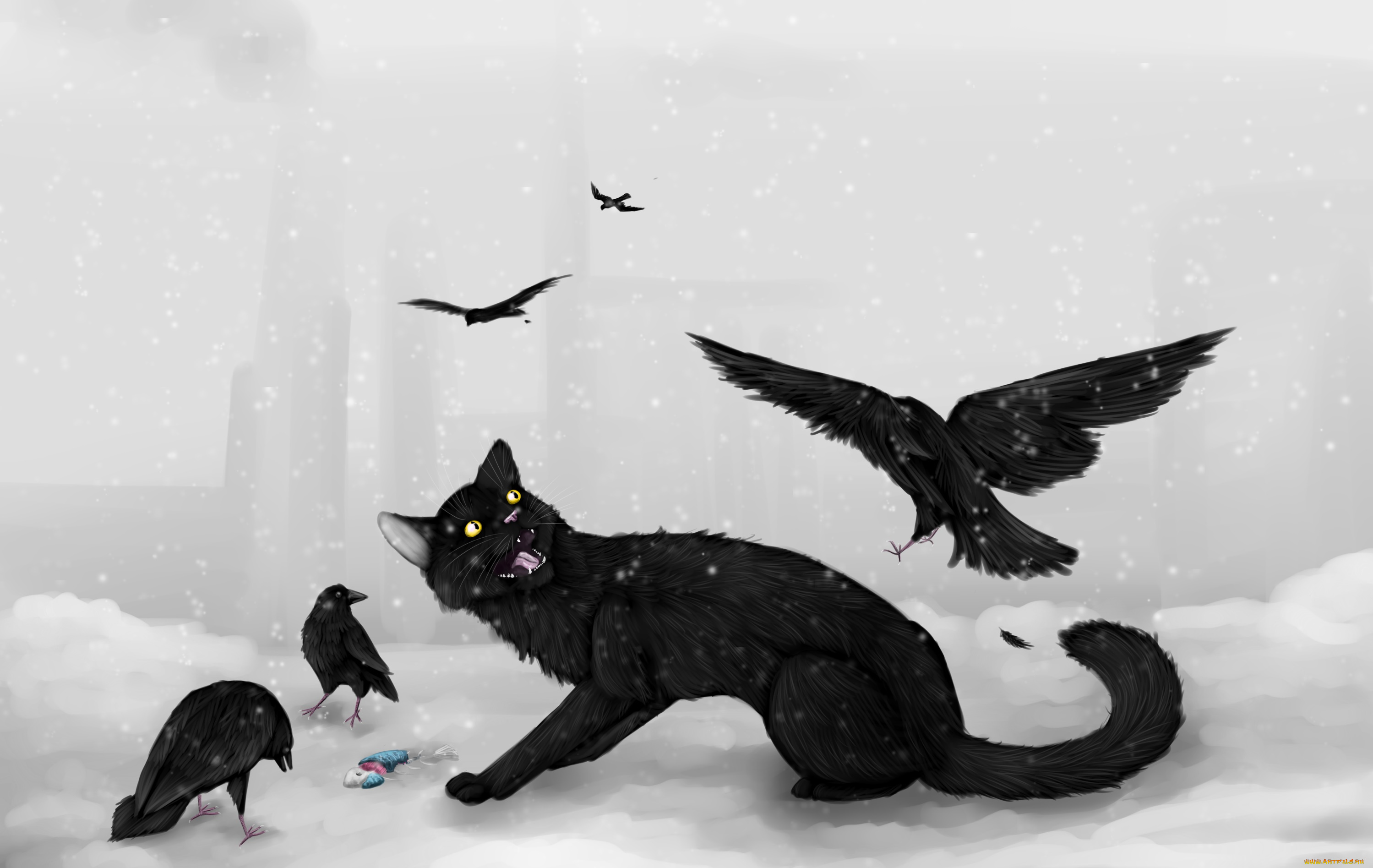 рисованное, животные, зима, вороны, кот