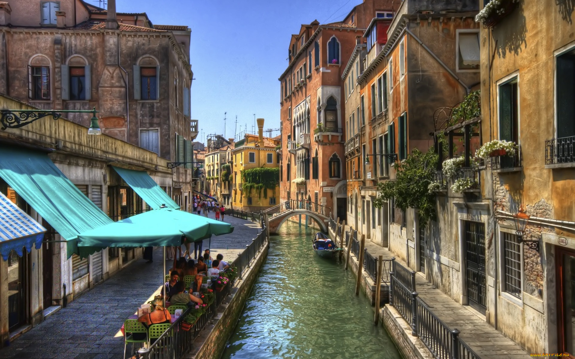 города, венеция, , италия, гондола, люди, мост, дома, канал, здания, кафе