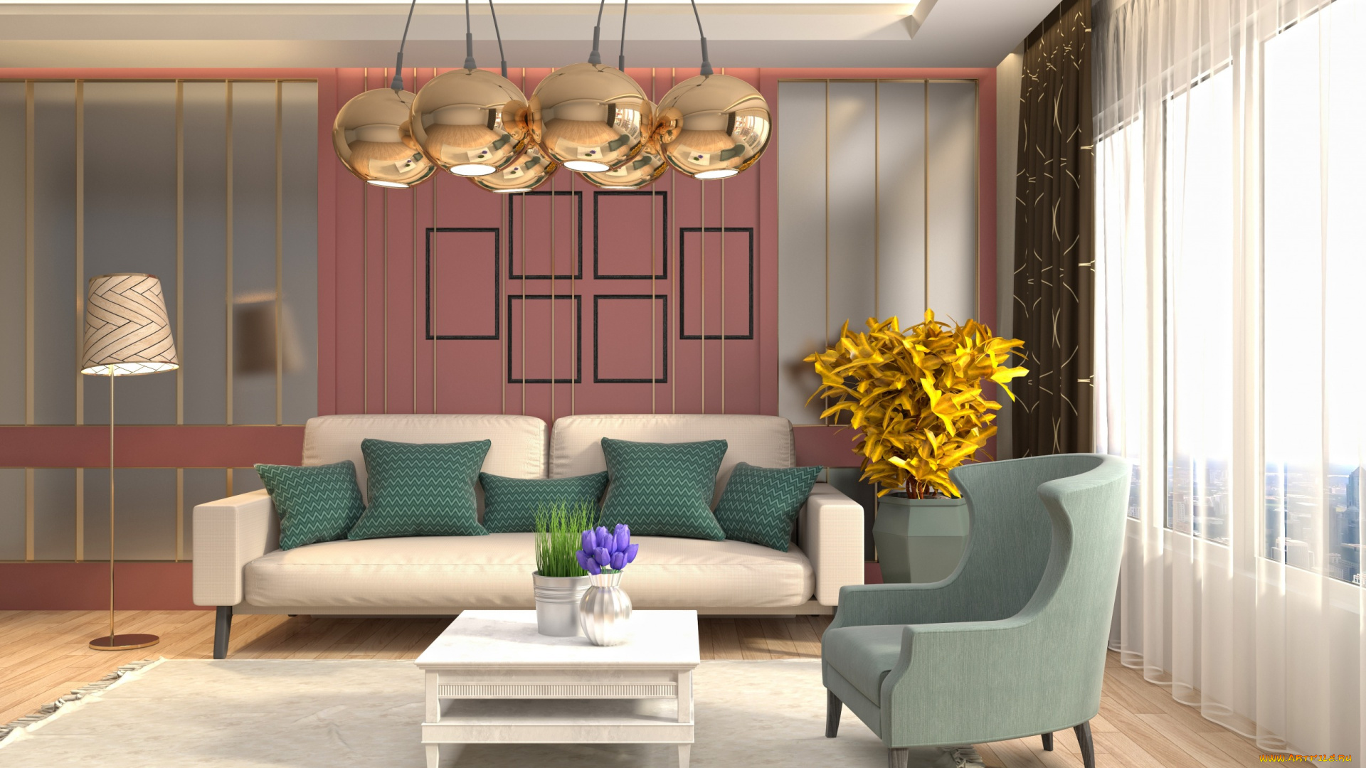 интерьер, гостиная, комната, проект, дизайн, современный, шарики, люстра, ретро, стиль, золотой