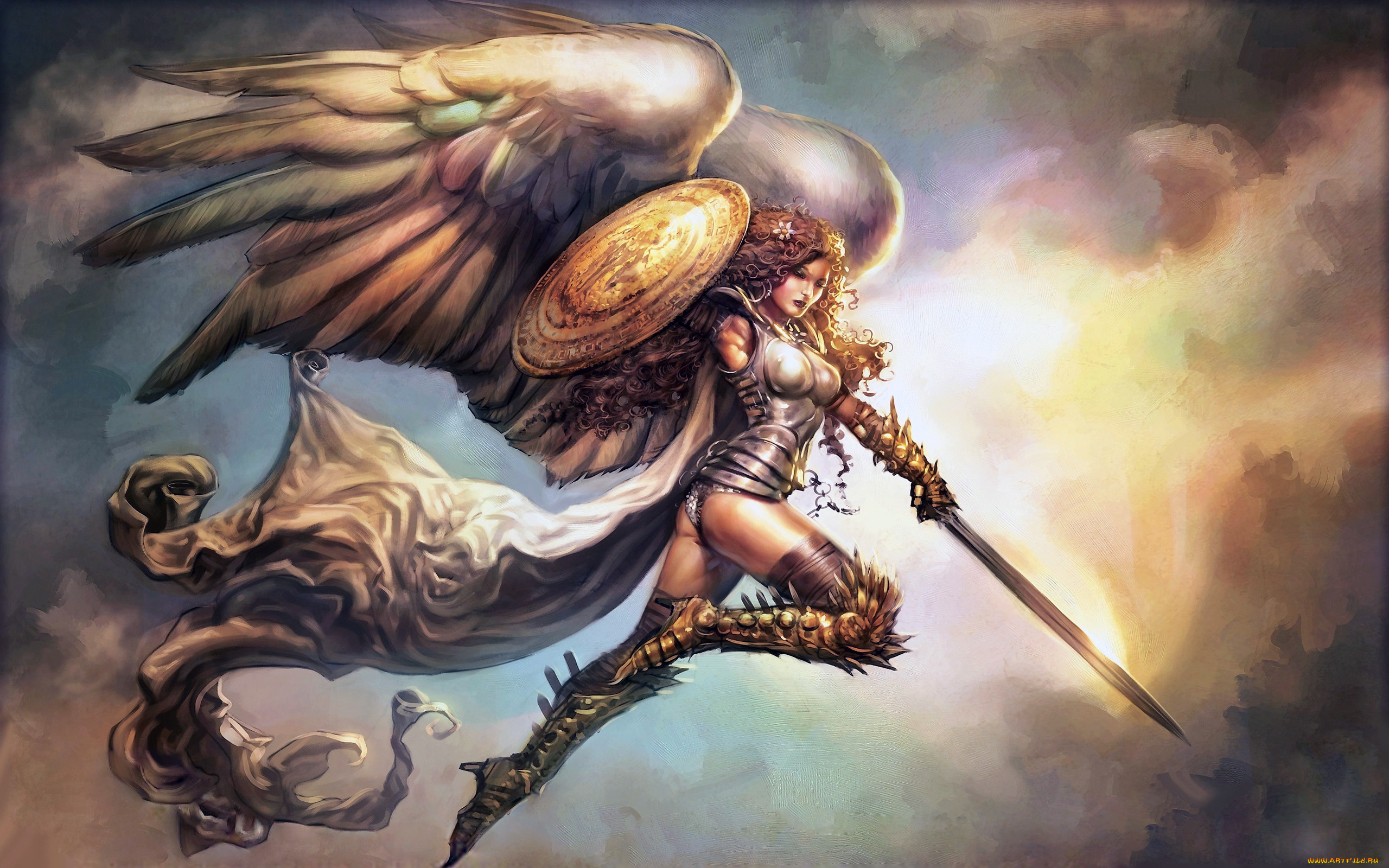 фэнтези, ангелы, girl, cape, artwork, armor, fantasy, curly, hair, shield, wings, sword, art, boots, angel