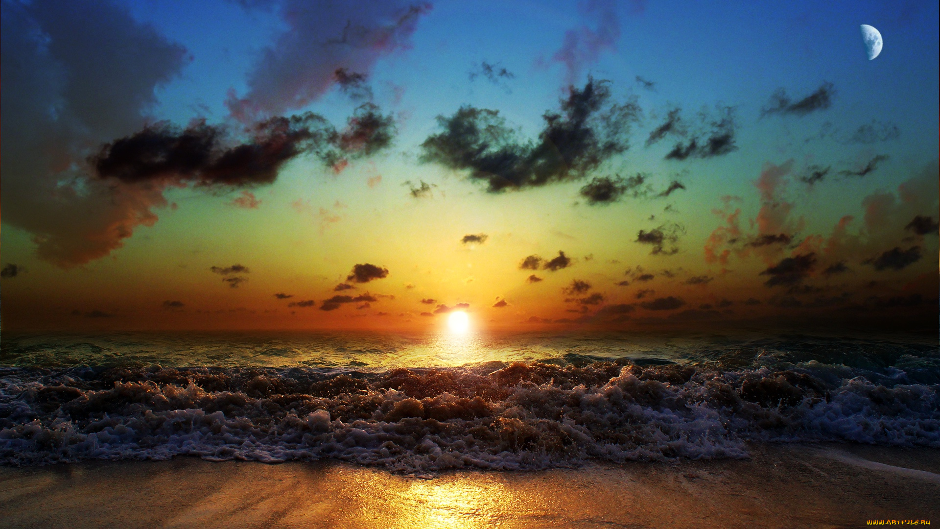 the, sun, shines, природа, восходы, закаты, море, волна, пляж, рассвет, красота