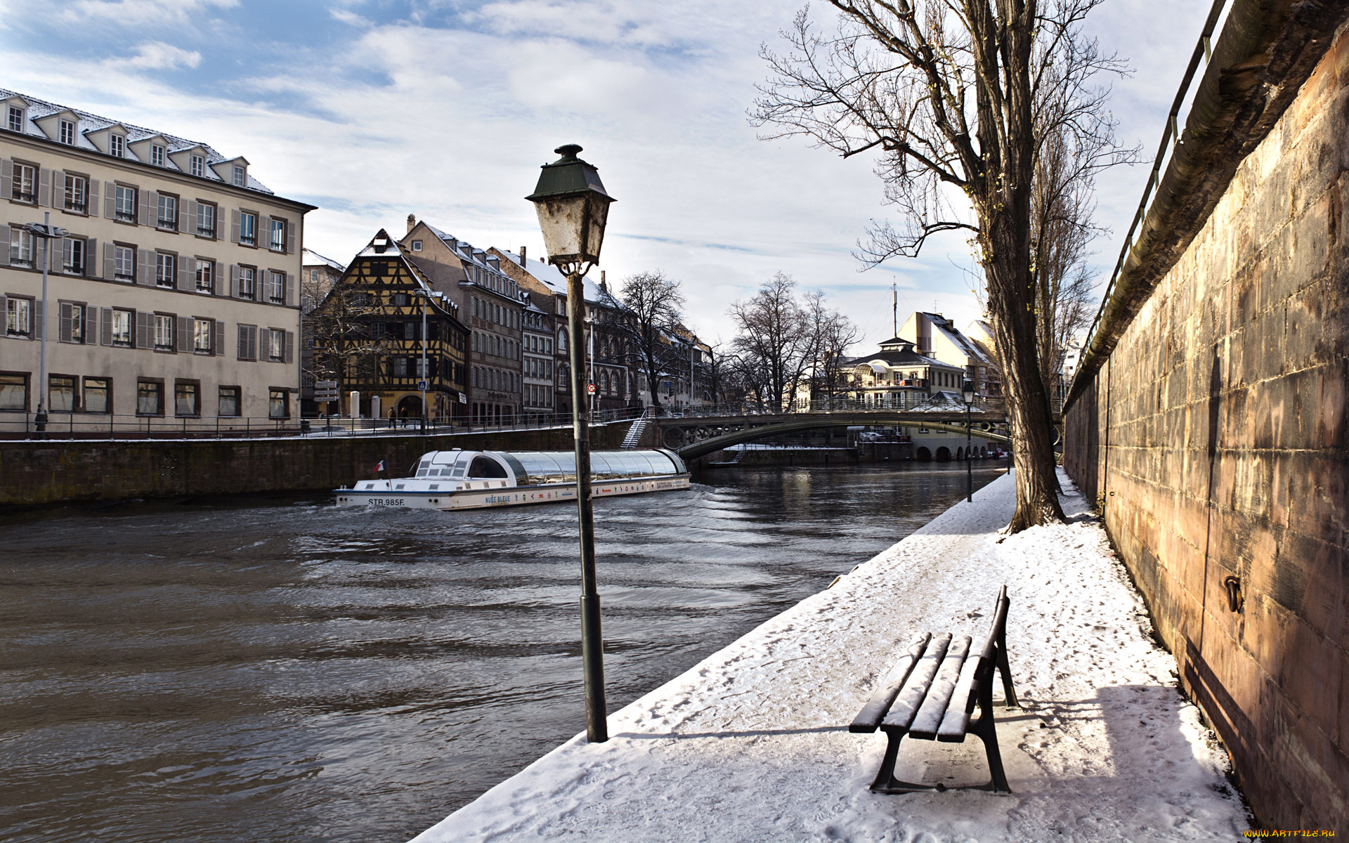 strasbourg, города, страсбург, франция, мосты, здания, набережная, баржа