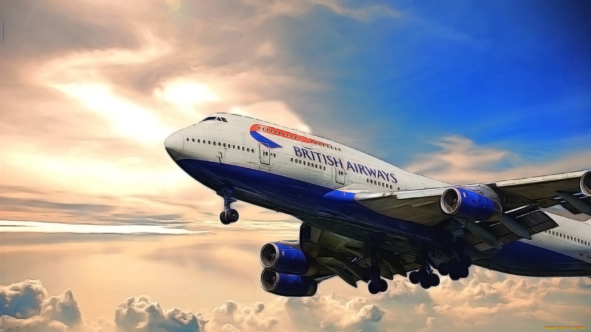 boeing, 747, авиация, 3д, рисованые, graphic, british, airways, jumbo, jet, дальнемагистральный, пассажирский, авиалайнер
