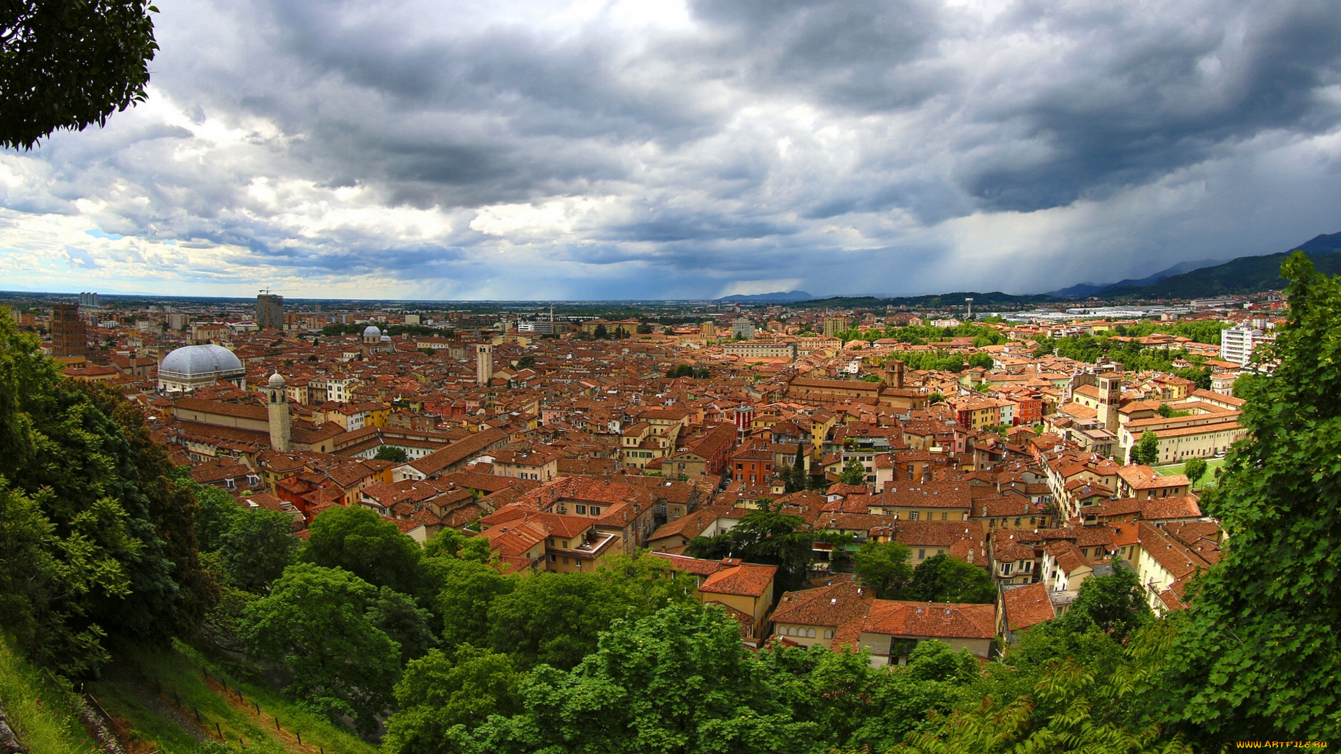 brescia, italy, города, панорамы, брешиа, италия, здания, облака, деревья