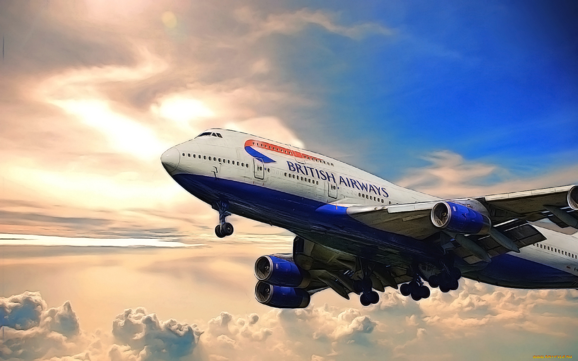 boeing, 747, авиация, 3д, рисованые, graphic, british, airways, jumbo, jet, дальнемагистральный, пассажирский, авиалайнер