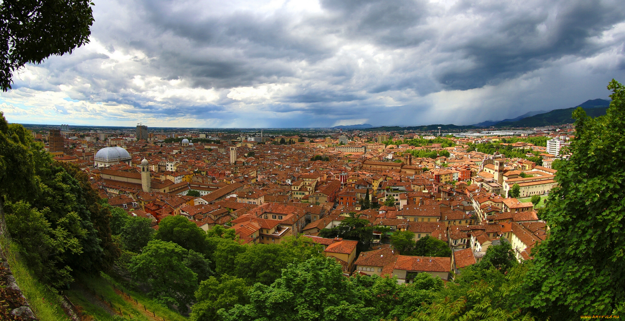 brescia, italy, города, панорамы, брешиа, италия, здания, облака, деревья