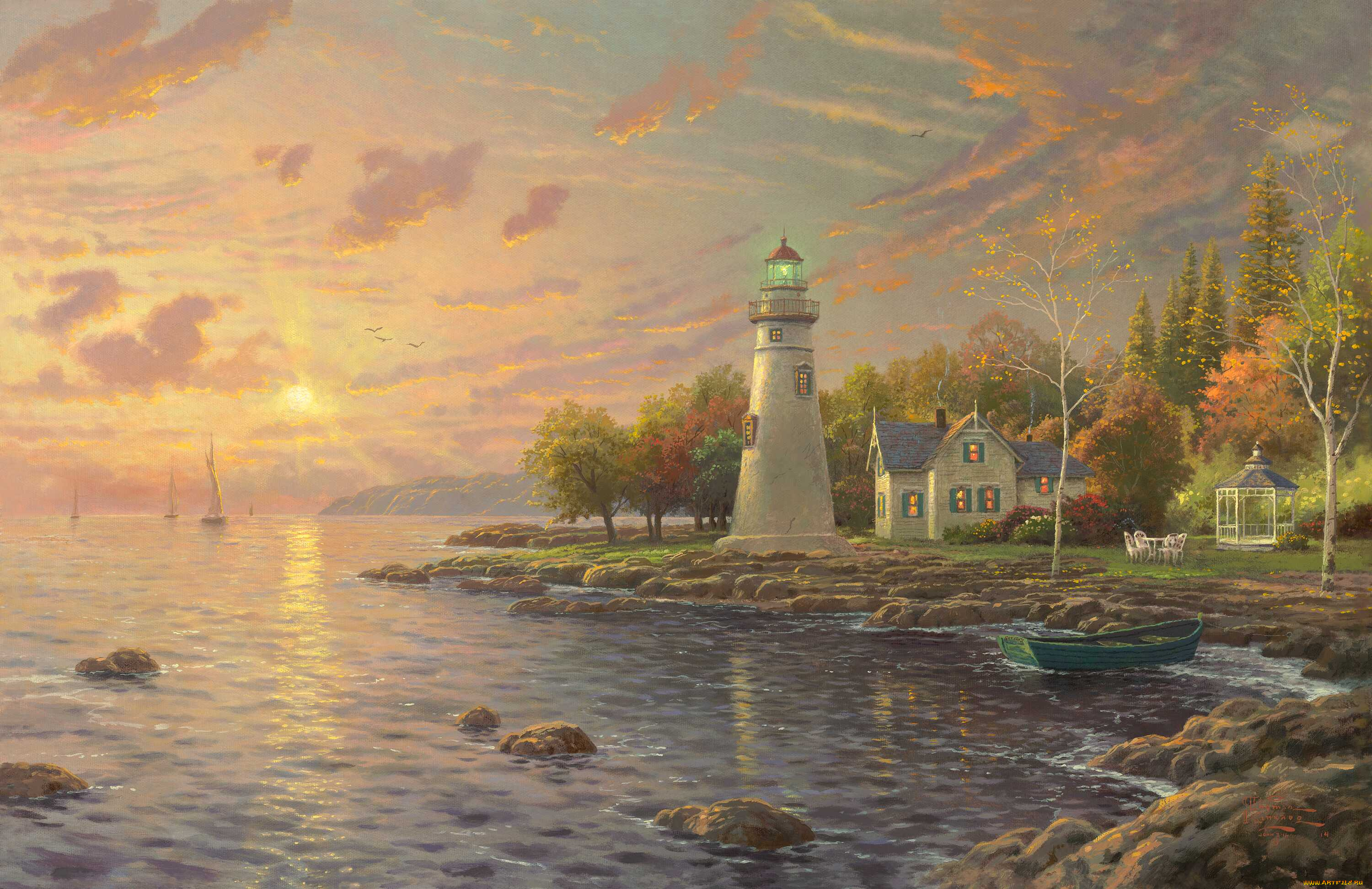 serenity, cove, рисованные, thomas, kinkade, закат, беседка, дом, маяк, озеро