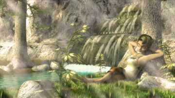 Картинка 3д+графика эльфы+ elves водопад сон эльфийка