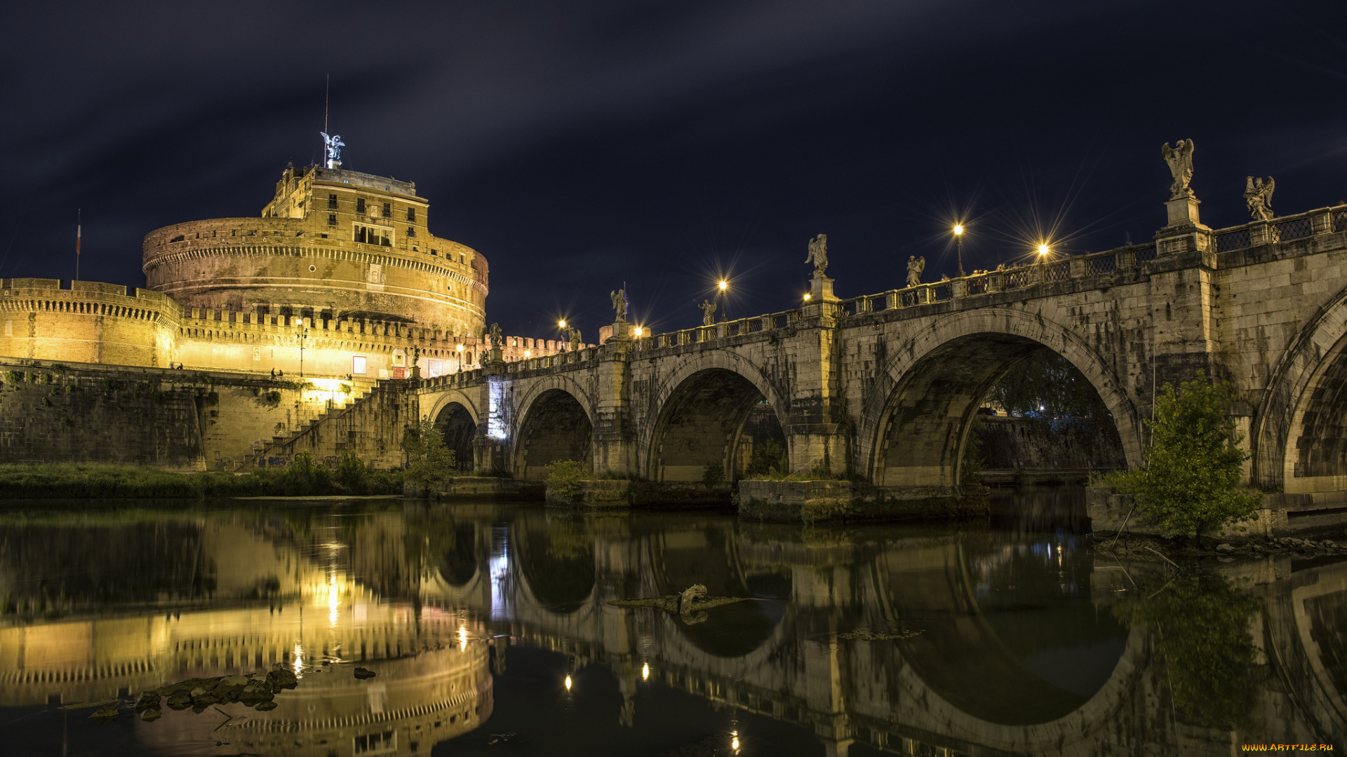 castel, sant`angelo, |, rome, города, рим, , ватикан, , италия, мост, ночь, замок