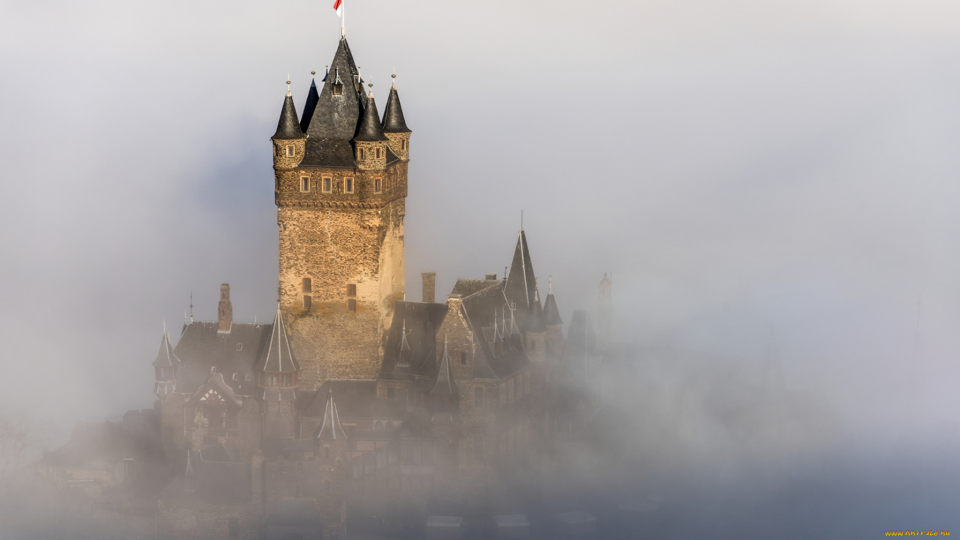города, замки, германии, germany, rhineland-palatinate, reichsburg, cochem, германия, туман, mist, замок, город, кохем, fog, haze