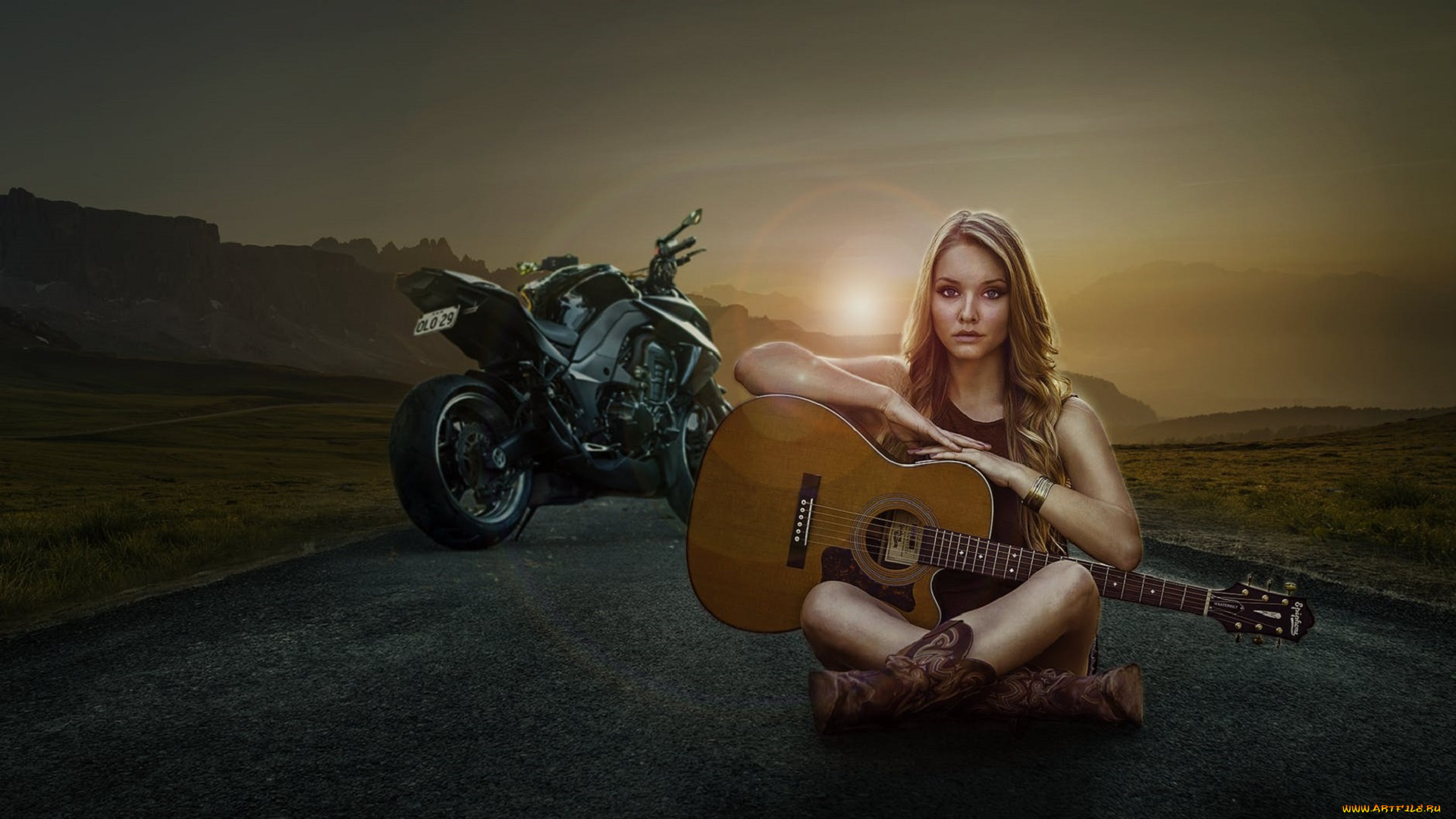 музыка, -другое, гитара, мотоцикл, девушка, взгляд