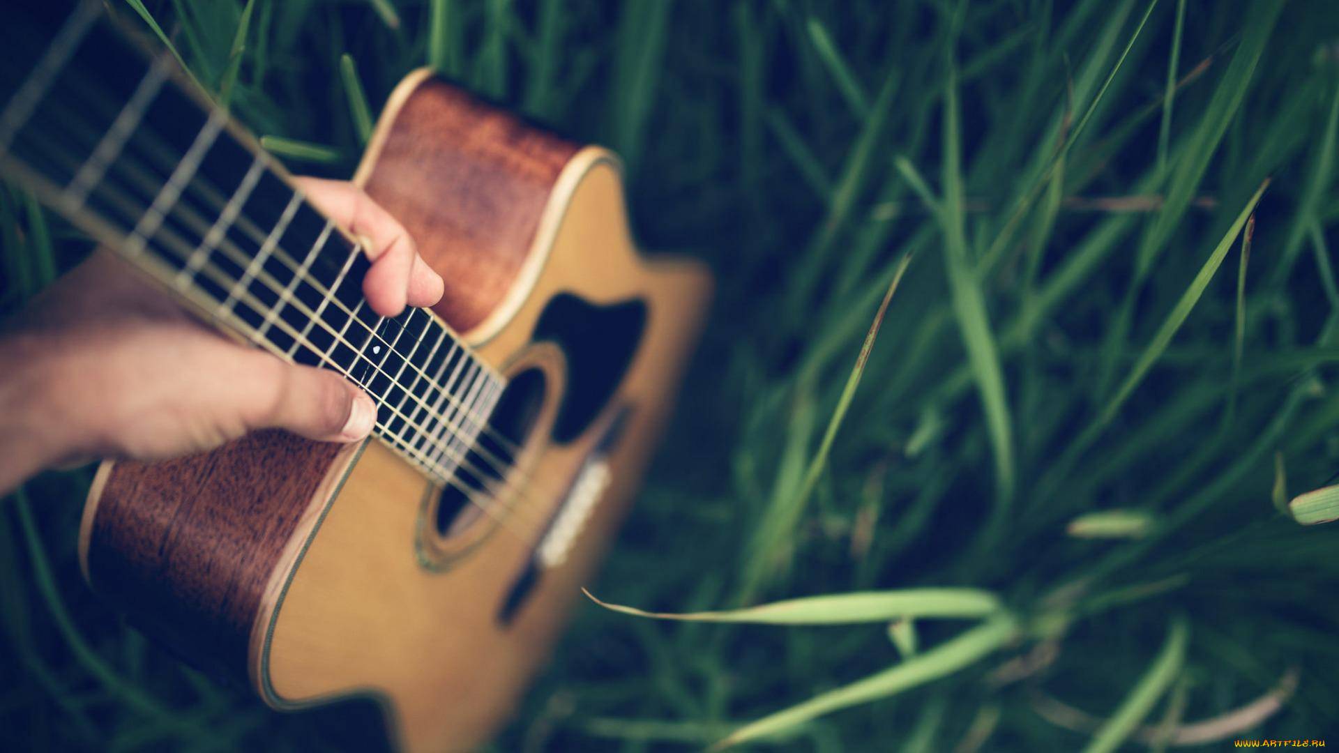 музыка, -музыкальные, инструменты, трава, руки, гитара