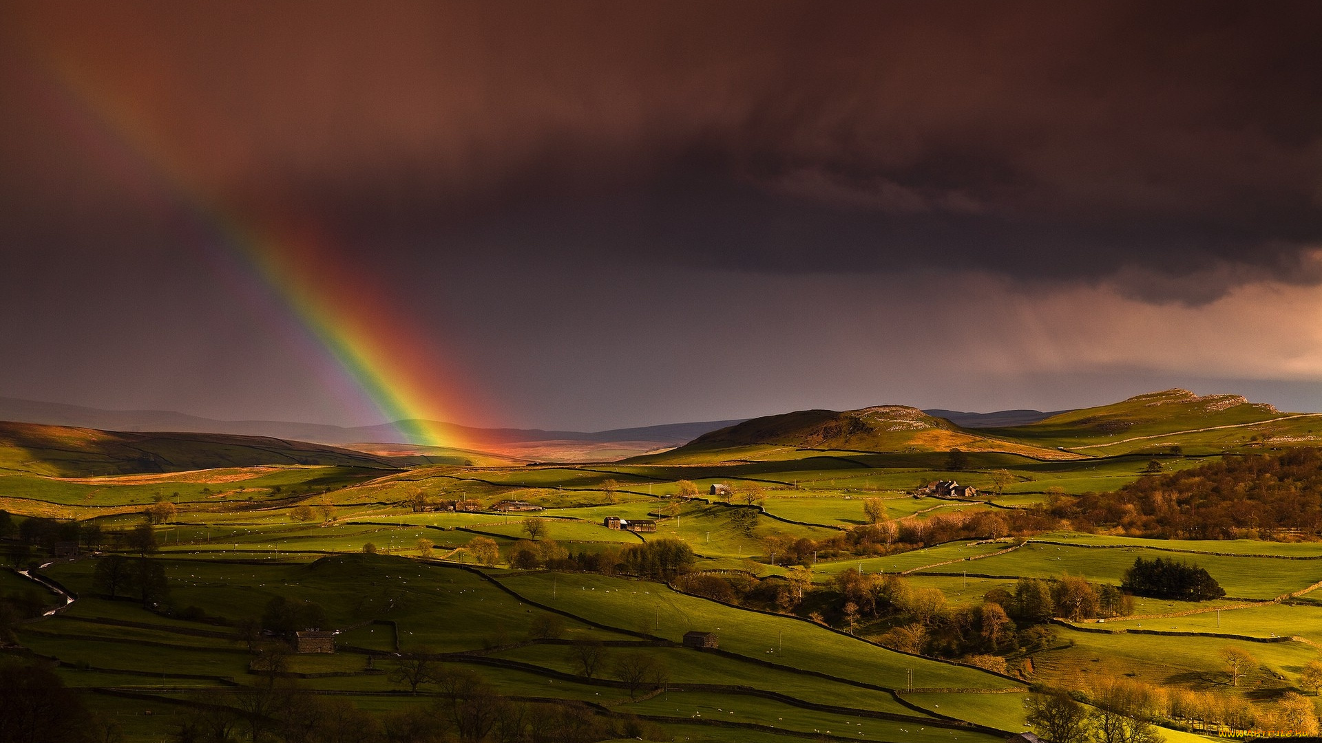 gorgeous, rainbow, over, farmlands, природа, радуга, поля, холмы, тучи
