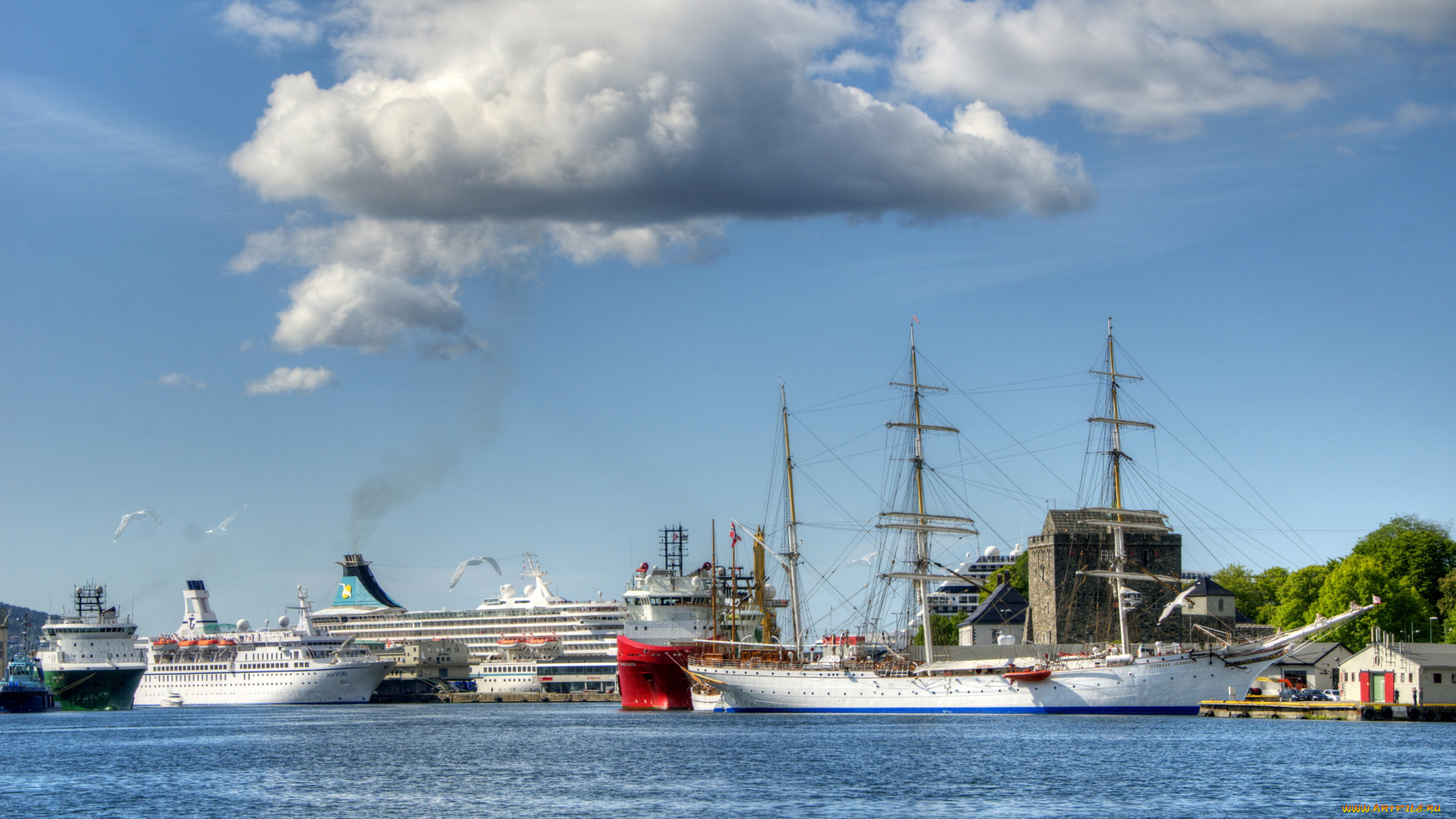 норвегия, берген, порт, корабли, порты, причалы