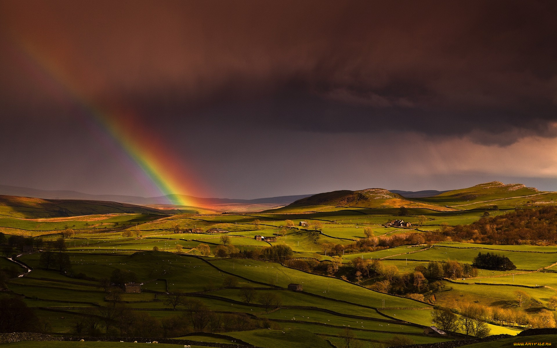 gorgeous, rainbow, over, farmlands, природа, радуга, поля, холмы, тучи