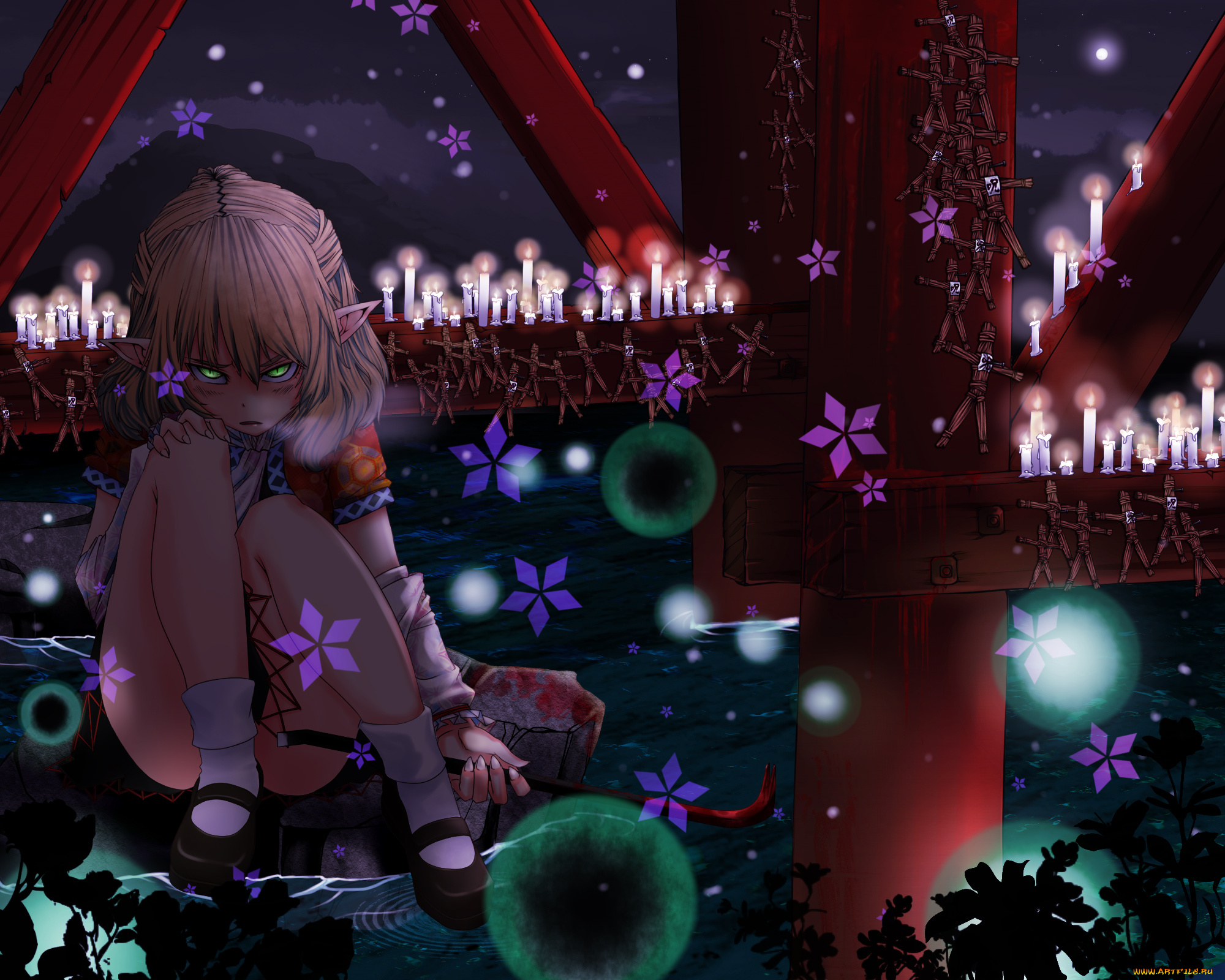 аниме, touhou, mizuhashi, parsee, kumonji, aruto, девушка, платье, камень, вода, лом, цветы, свечи, фигурки, вуду, кровь, растения, мост