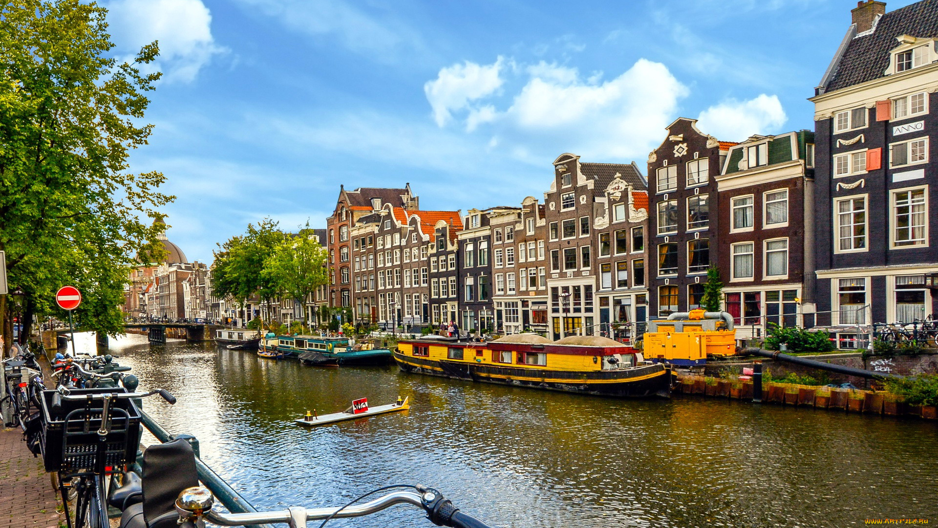 города, амстердам, , нидерланды, велосипеды, баржи, дома, канал