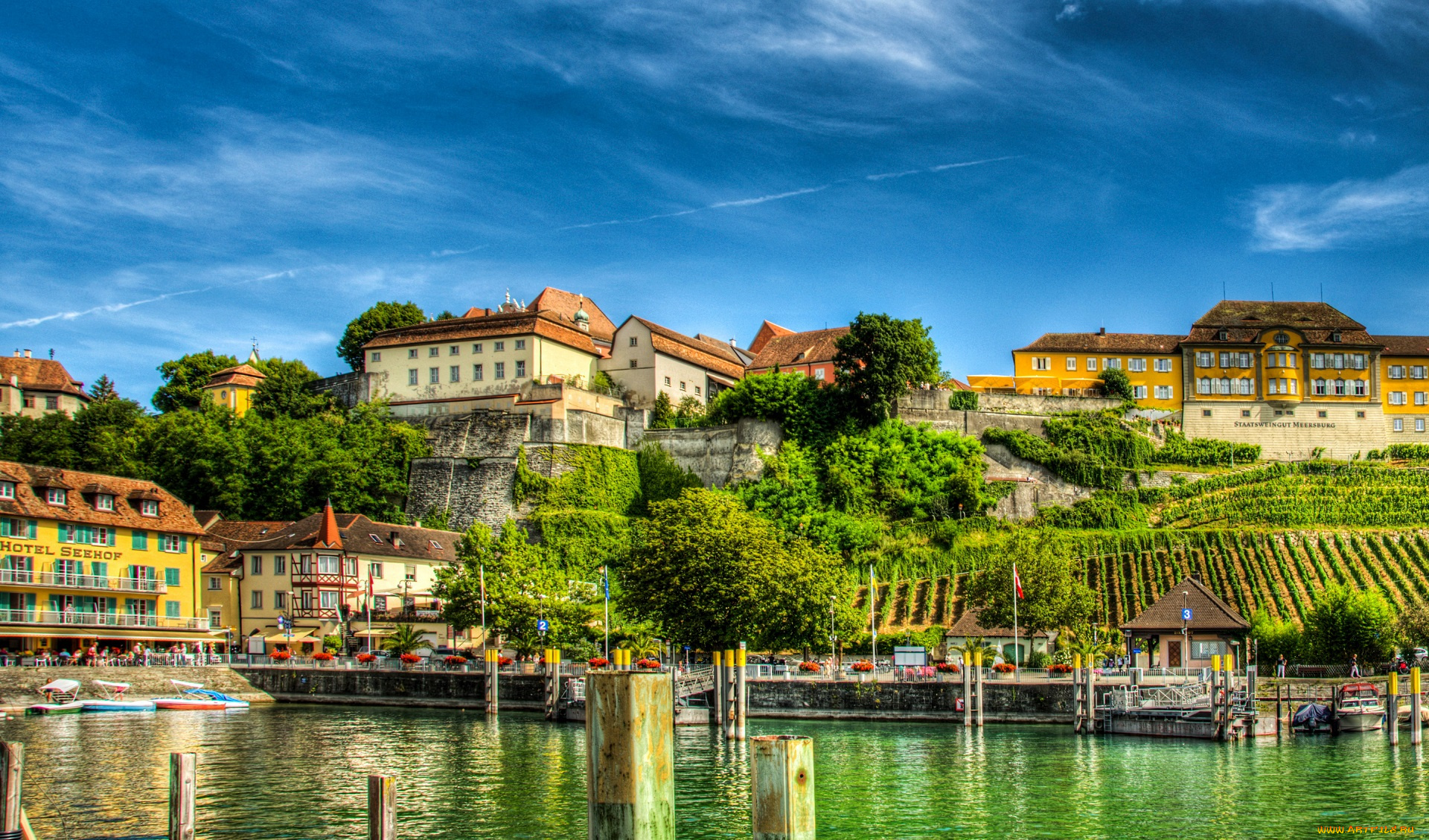 города, -, панорамы, деревья, берег, германия, дома, причалы, meersburg, озеро