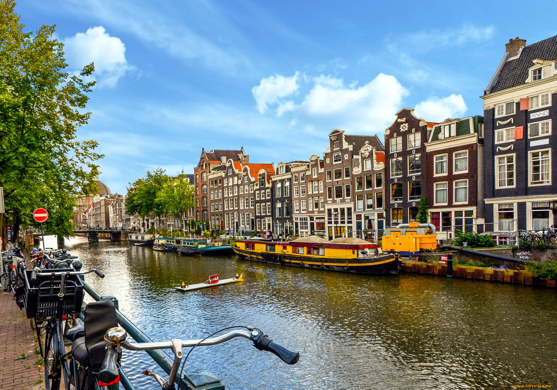города, амстердам, , нидерланды, велосипеды, баржи, дома, канал