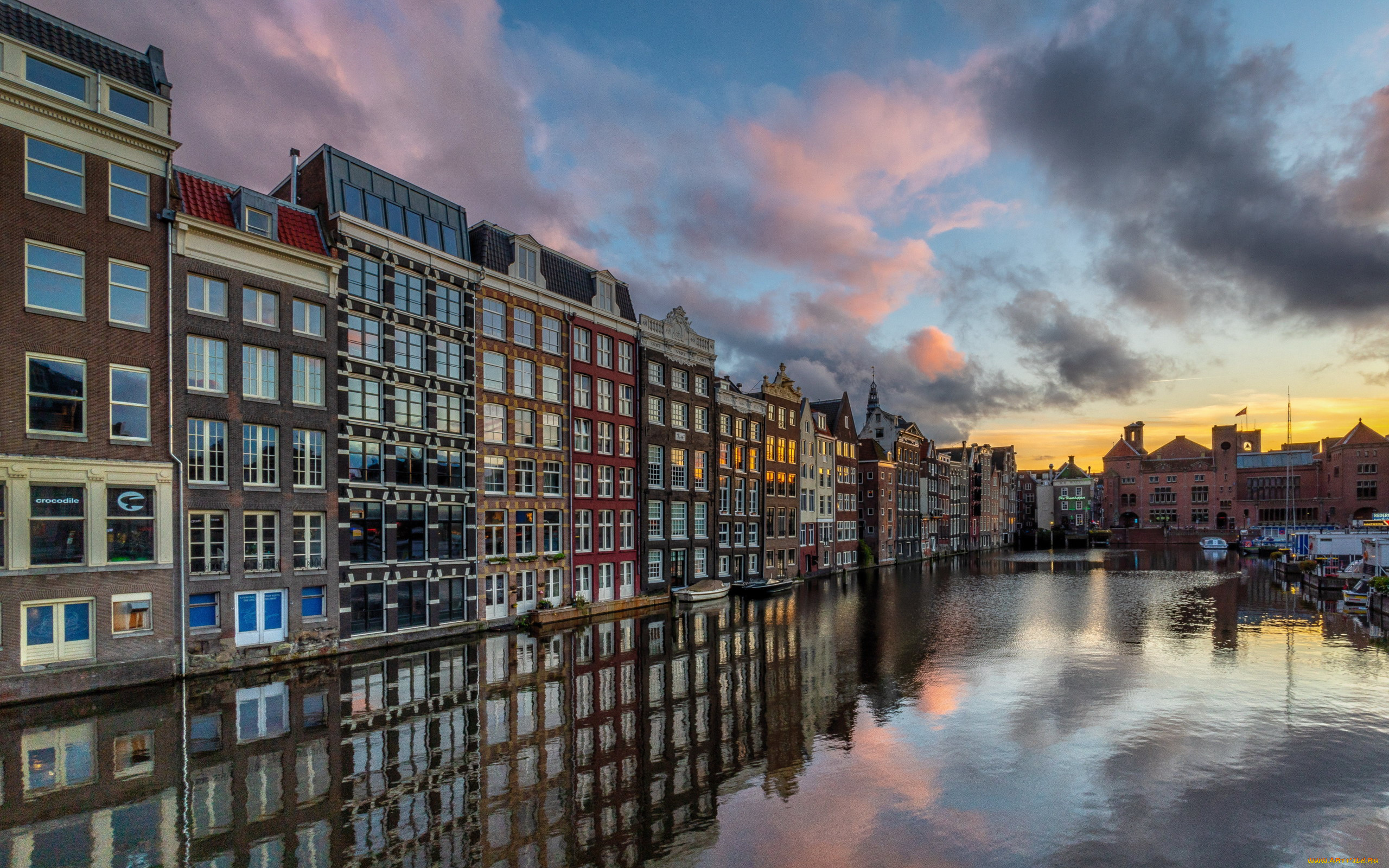 города, амстердам, , нидерланды, канал, дома, закат