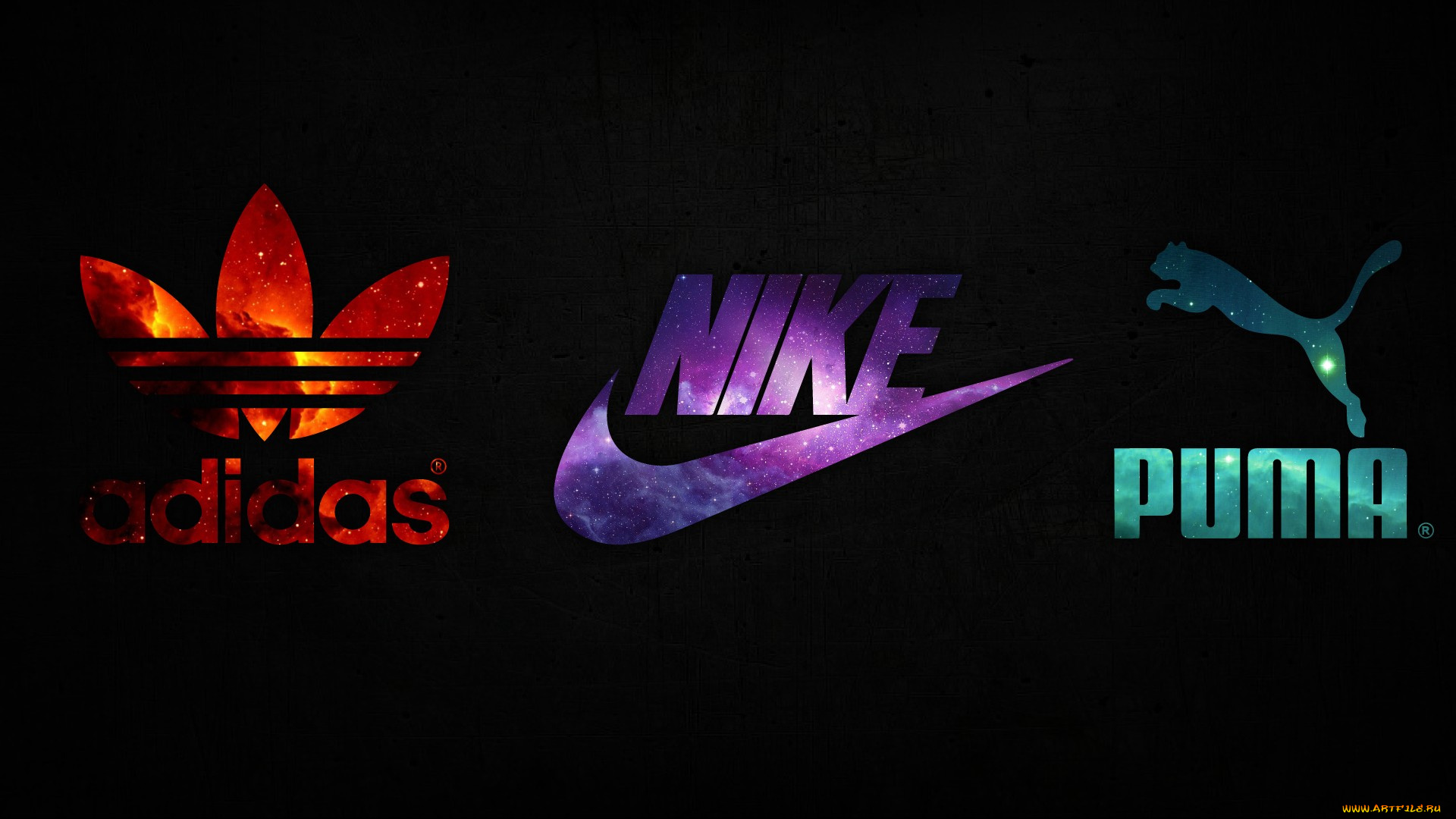 бренды, -, другое, nike, adidas, puma, космос, логотип, красный, фиолетовый, бирюзовый, черный, фон, cпортивная, одежда, обувь