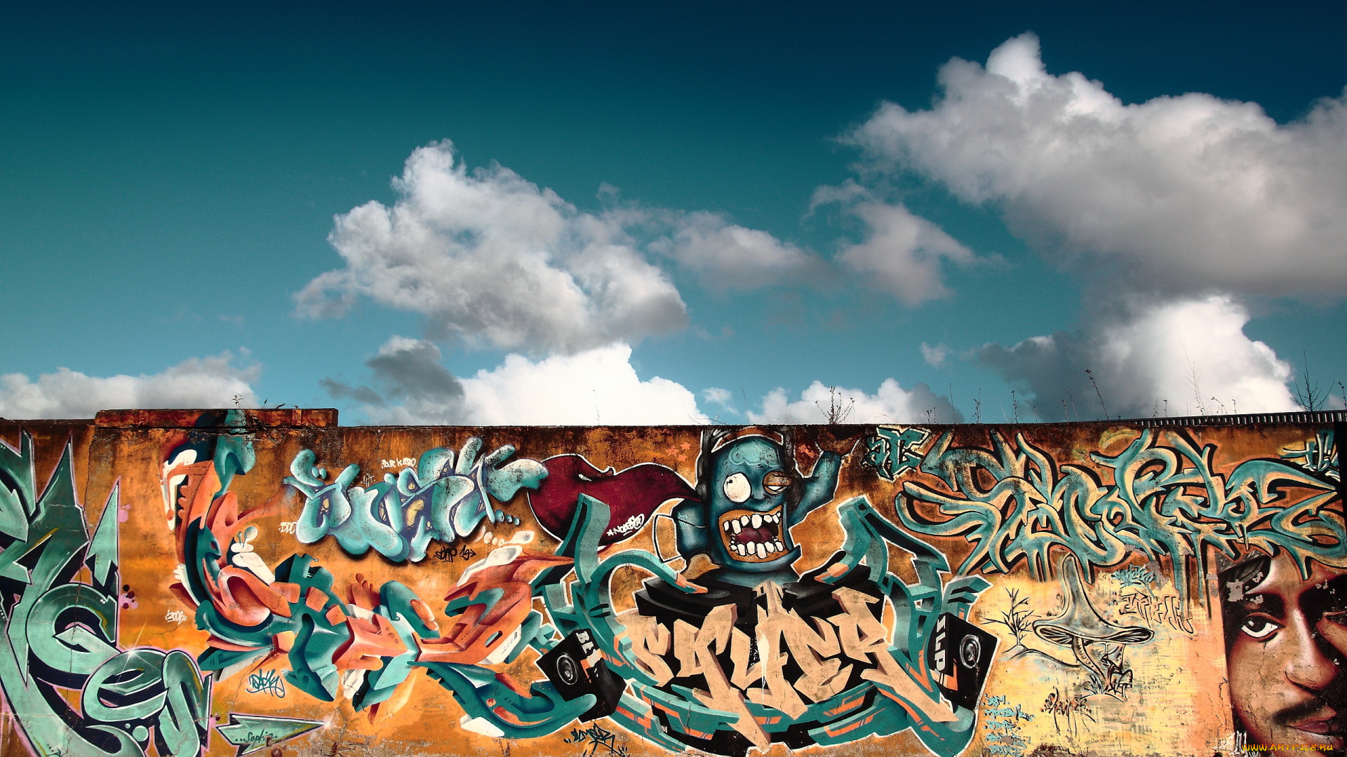 разное, граффити, рисунок, стена, небо, улица