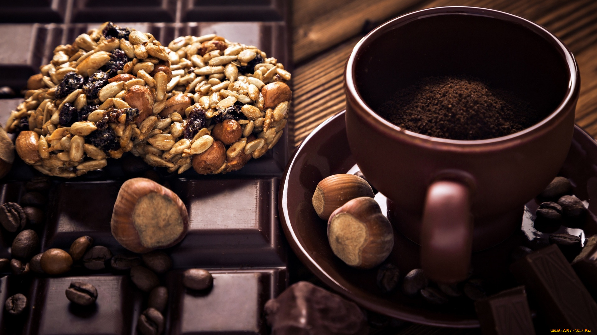 еда, кофе, , кофейные, зёрна, орех, шоколад, печенье, блюдце, чашка