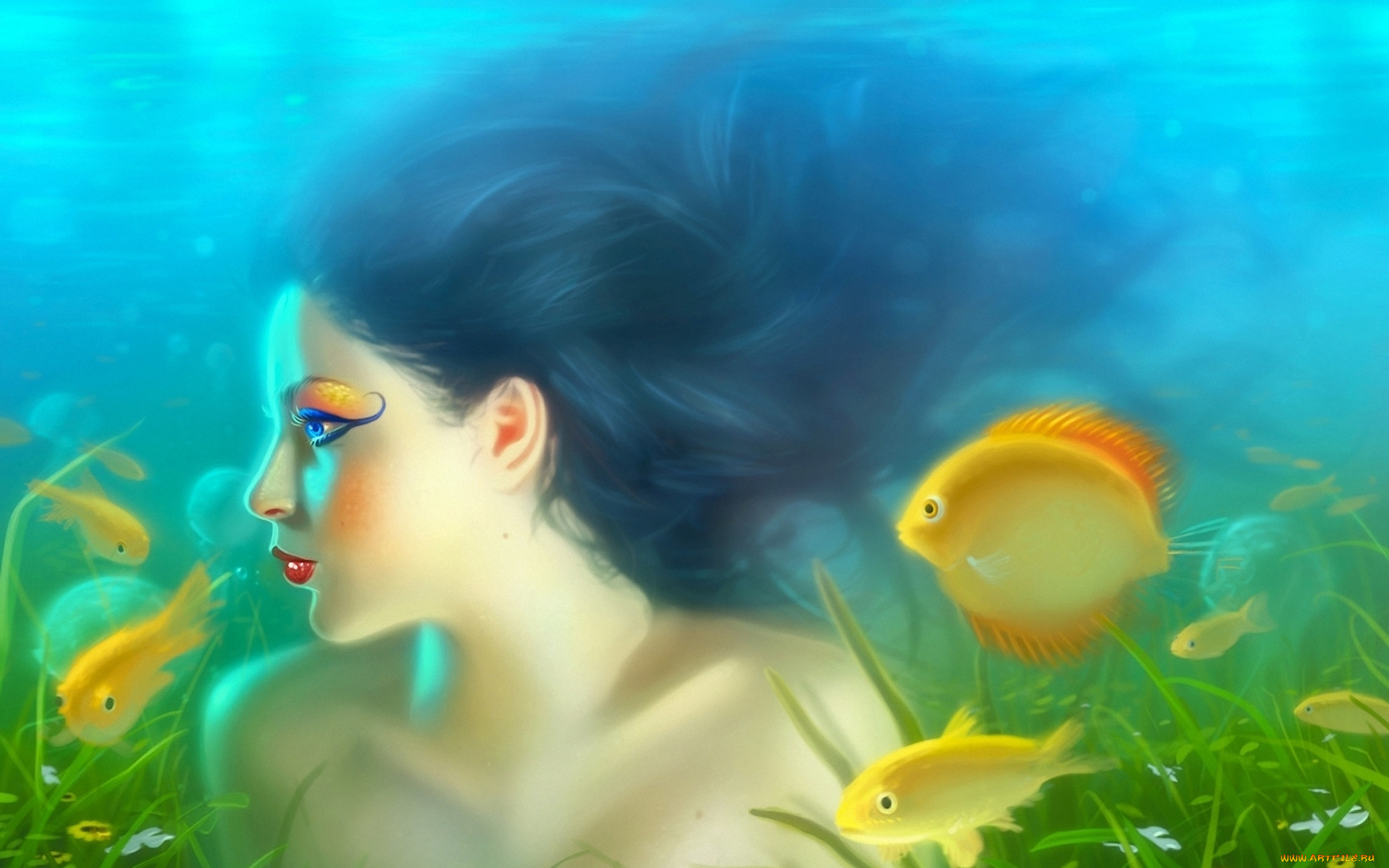 Женщины золотые рыбки. Девушка рыбка. Рыбы фэнтези. Девушка и Золотая рыбка. Подводный мир девушка.