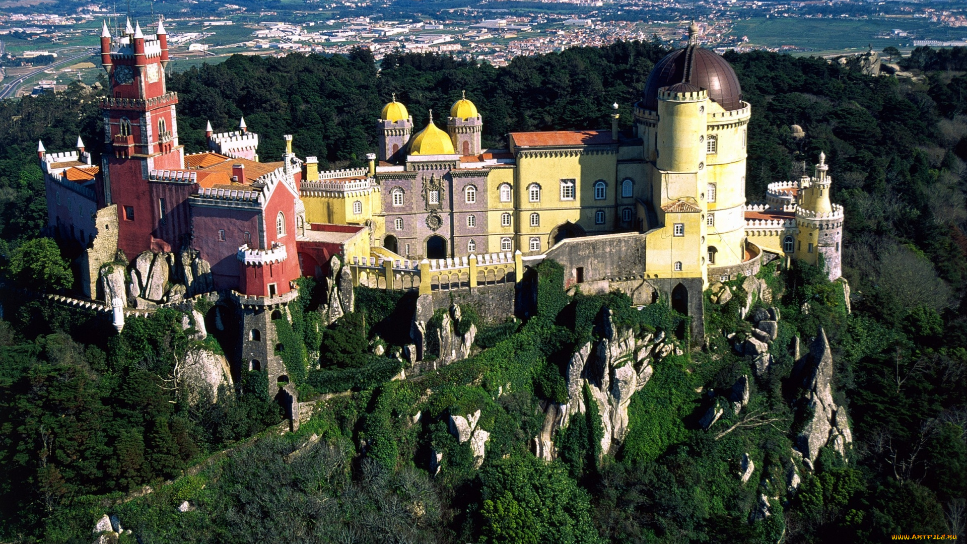 дворец, пена, португалия, города, дворцы, замки, крепости, большой, разноцветный, башни