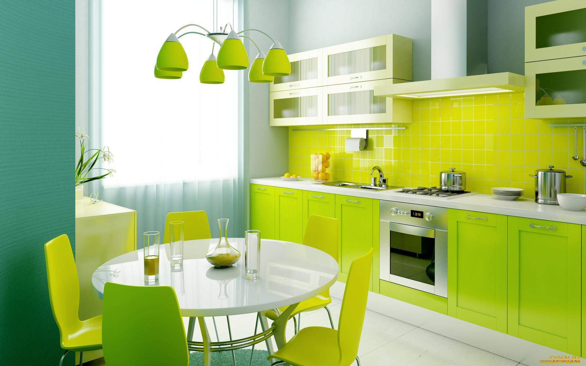 интерьер, кухня, стиль, зеленый, лампа, стол, ваза