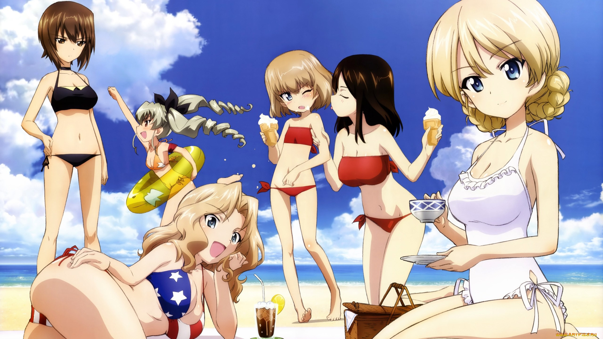 girls, und, panzer, аниме, коктейль, пляж, девушки